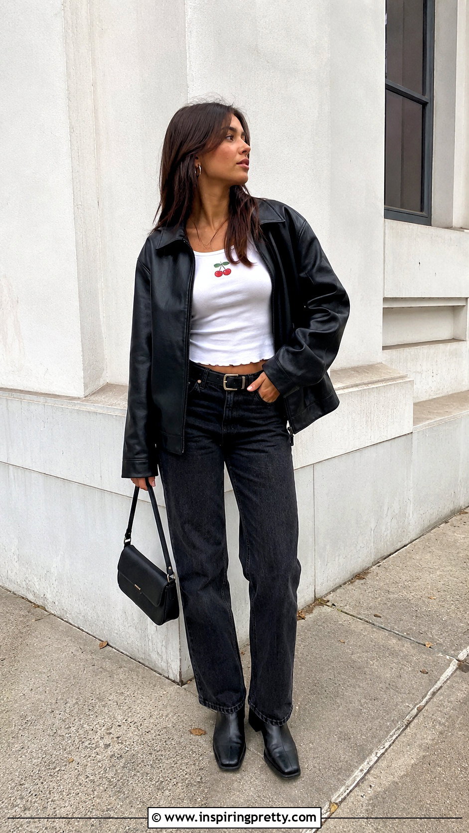 Cherry Top With Leather Jacket And Dark Jeans - 20 Brandy Melville Cherry Top outfit ideas