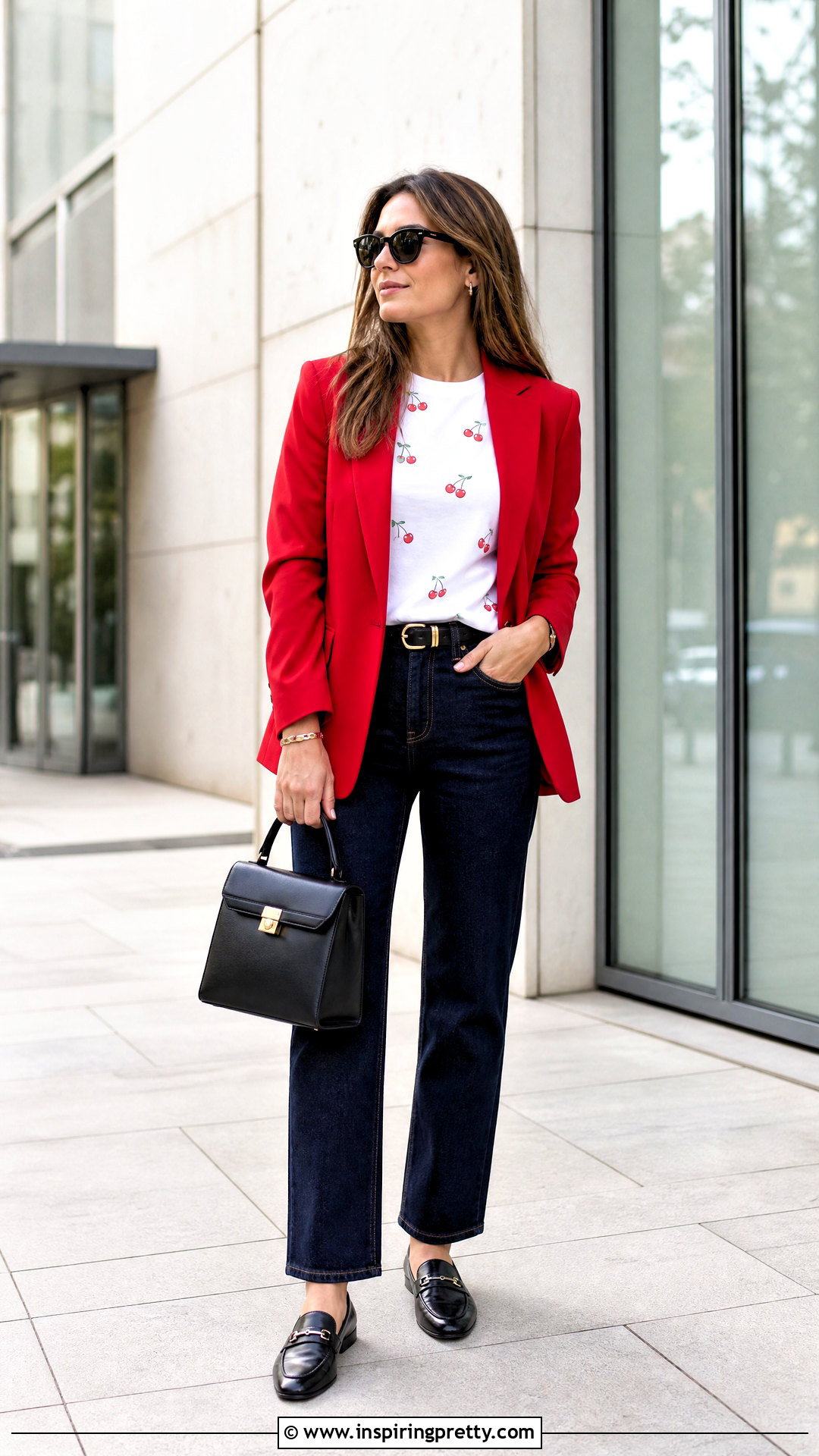 Cherry Top With Red Blazer And Jeans - 50 cherry top outfit ideas