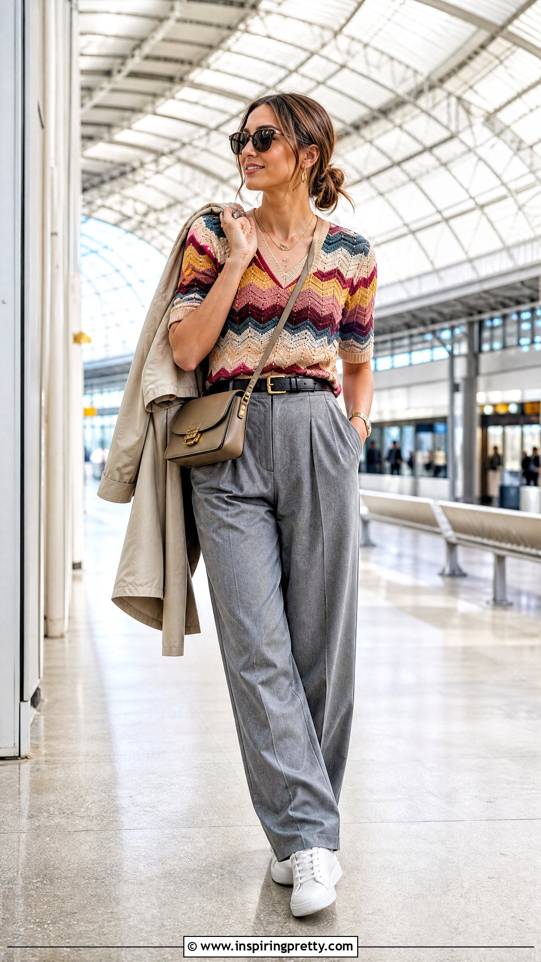 Chevron Knit Top With Pleated Pants And Sneakers - 20 chevron knit top outfit ideas