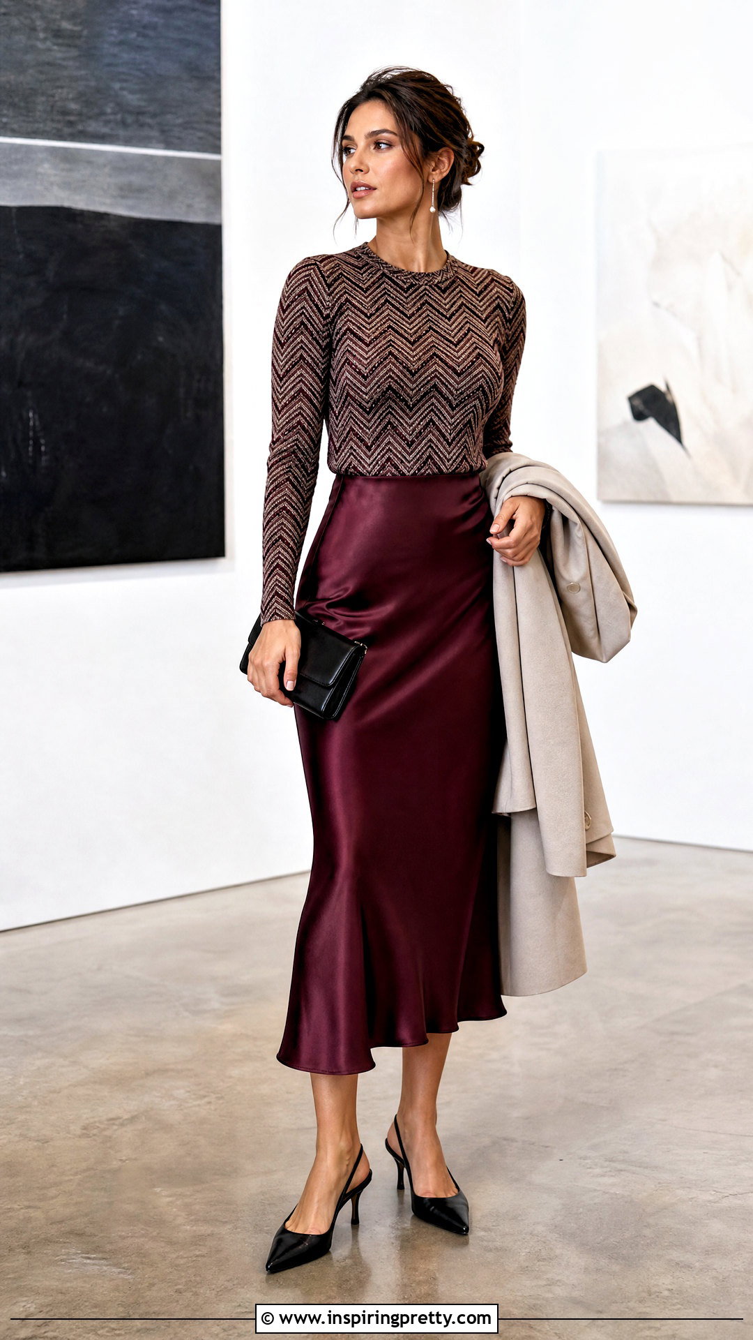 Chevron Knit Top With Satin Midi Skirt - 20 chevron knit top outfit ideas