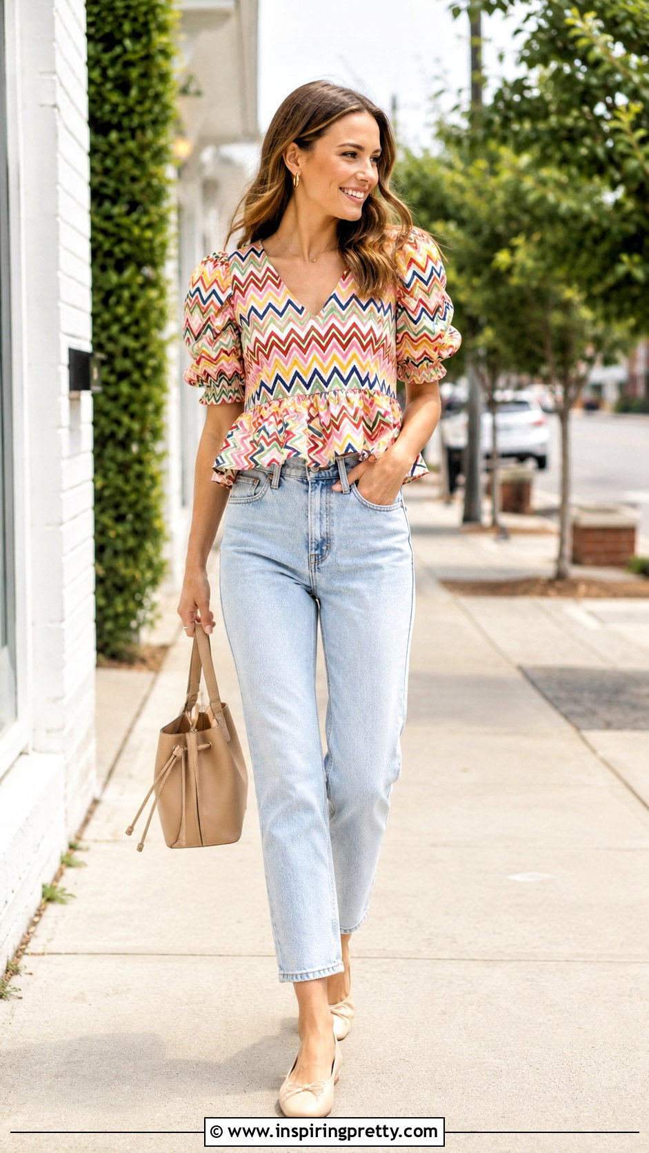 Chevron Peplum Top With Light Wash Mom Jeans - 20 Chevron Peplum Top outfit ideas