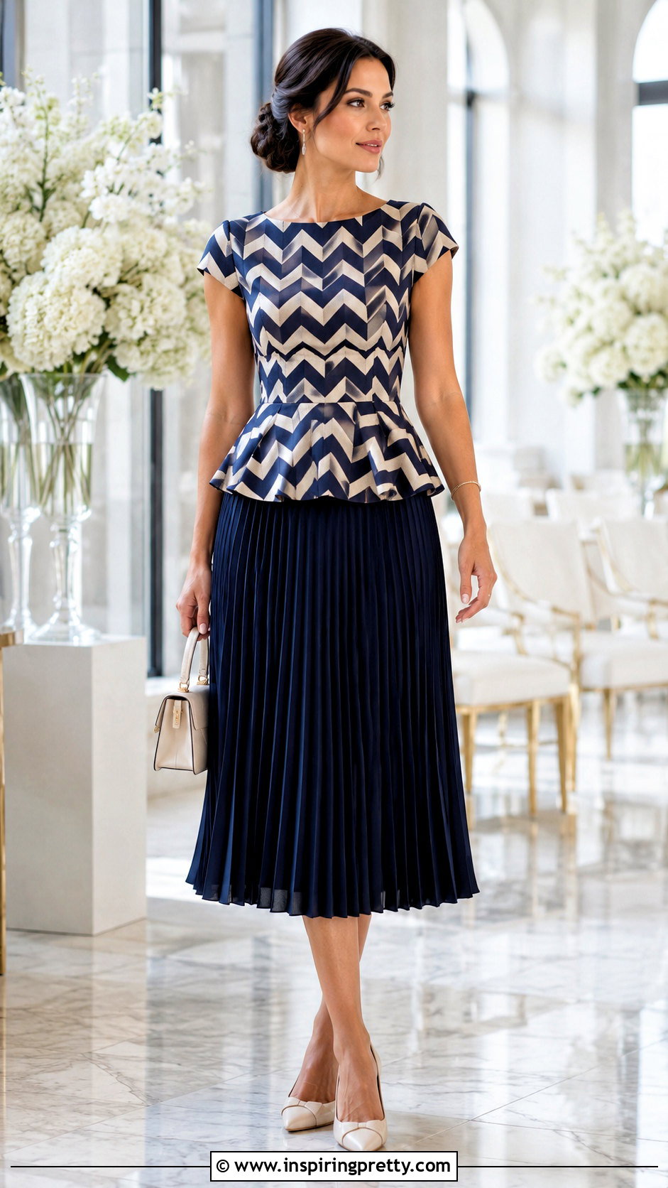 Chevron Peplum Top With a Pleated Midi Skirt - 20 Chevron Peplum Top outfit ideas