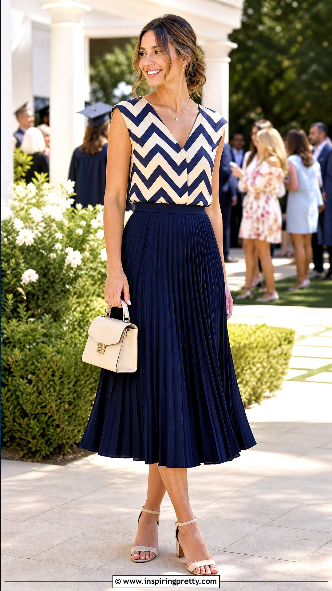 Chevron Print Summer Top With a Pleated Midi Skirt - 20 chevron print summer top outfit ideas