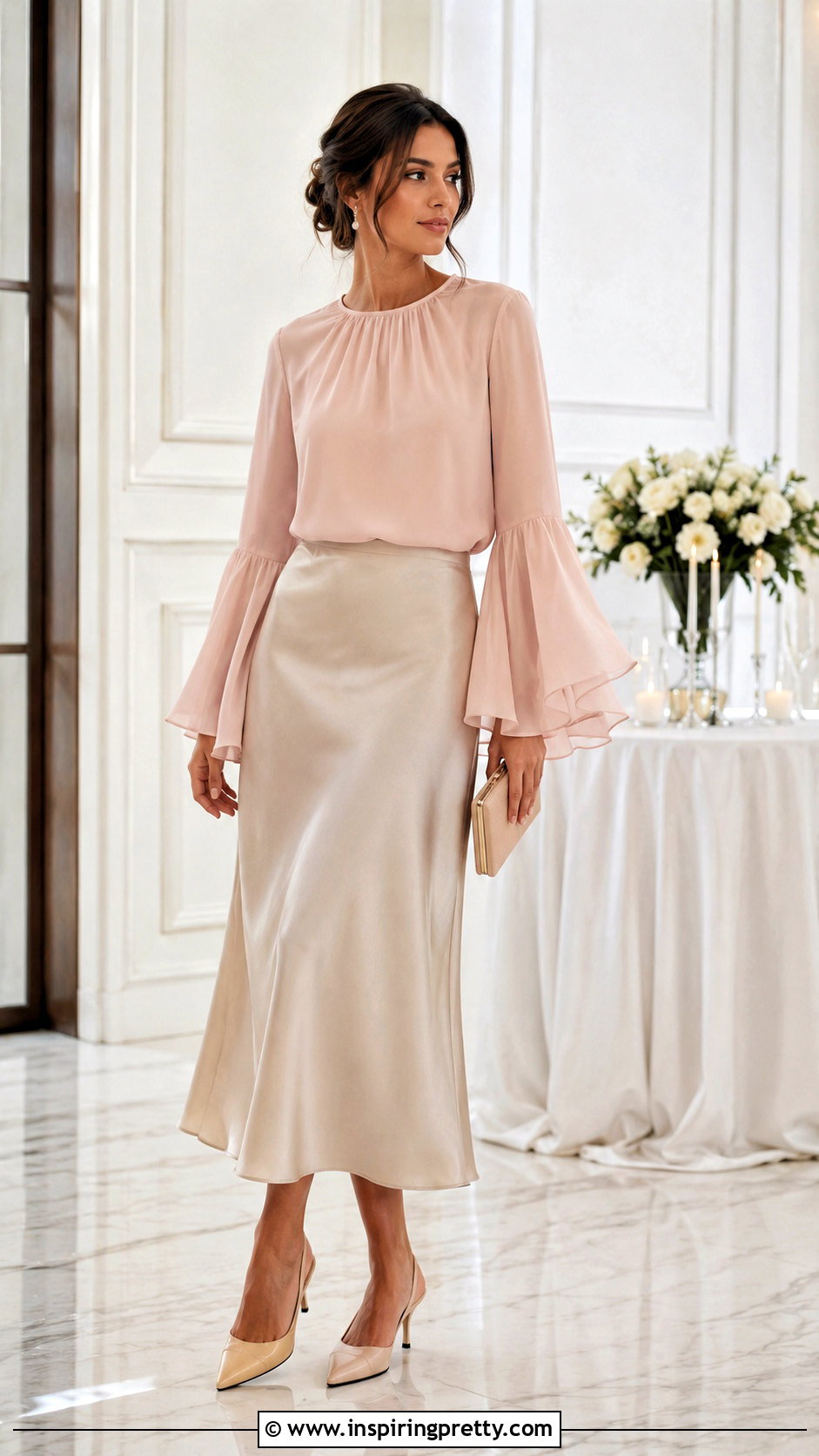 Chiffon Bell Sleeve Top With Satin Skirt - 50 bell sleeve top outfit ideas