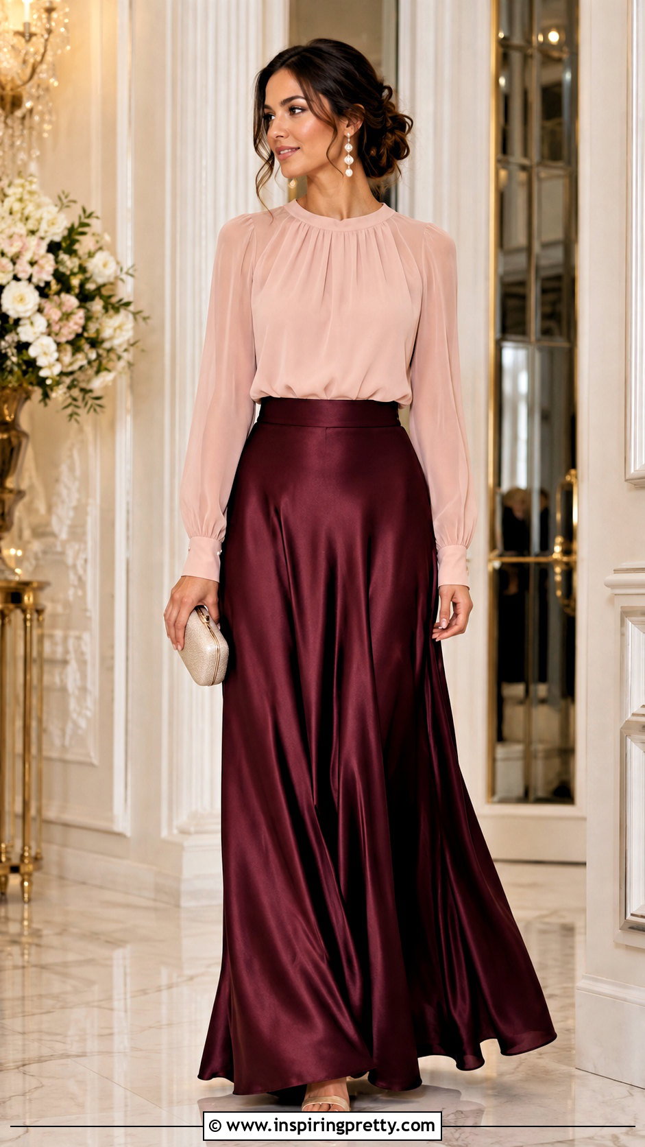 Chiffon Blouse With Satin Maxi Skirt - 50 dressy tops outfit ideas