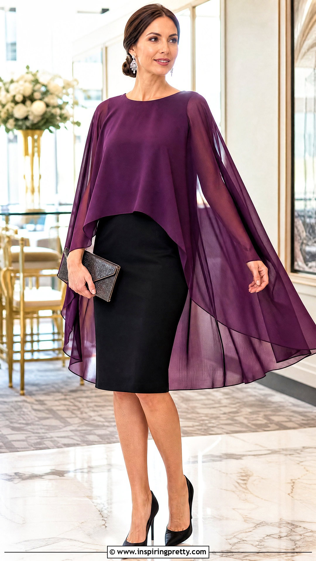 Chiffon Cape Top With Pencil Skirt - 50 cape top outfits