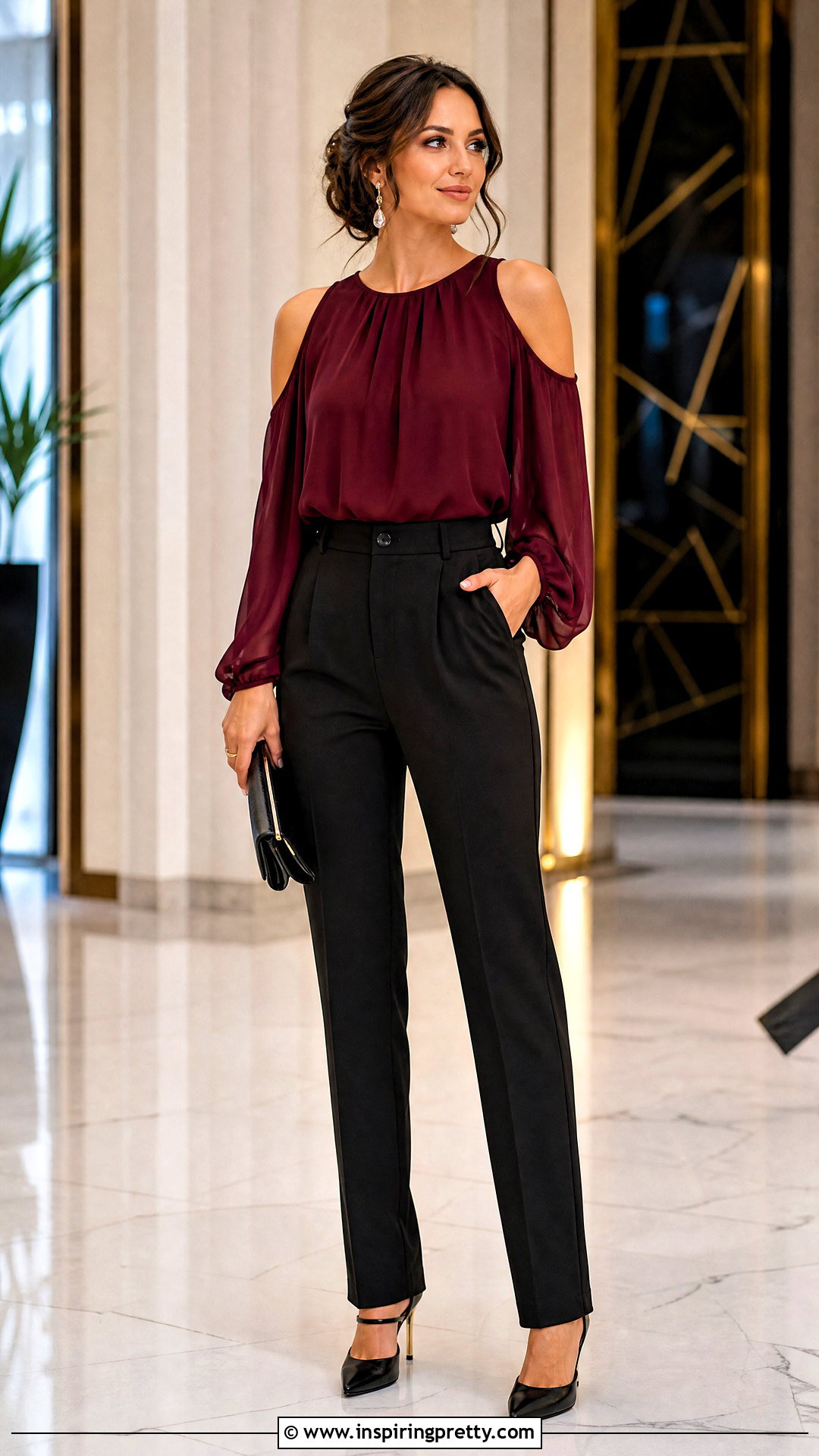 Chiffon Cold Shoulder Blouse With Black Trousers - 50 chiffon tops blouses classy outfits