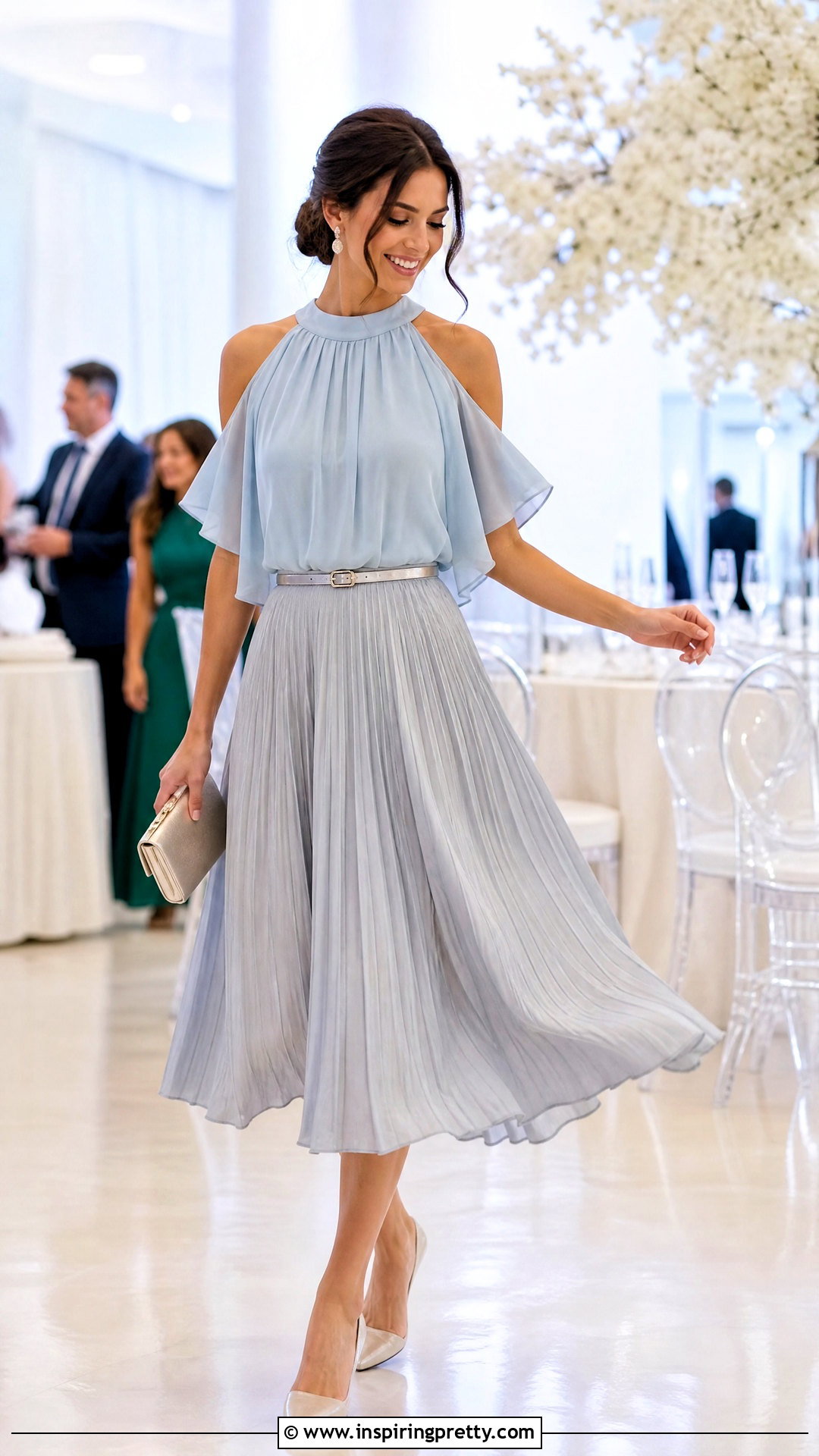 Chiffon Cold Shoulder Top With Pleated Skirt - 50 cold shoulder top outfit ideas
