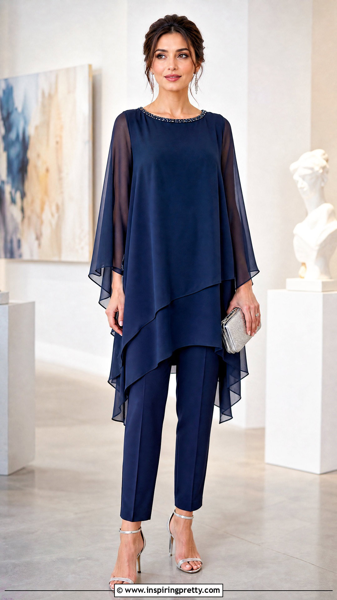 Chiffon Evening Tunic Top With Tailored Trousers - 20 evening tunic tops outfit ideas