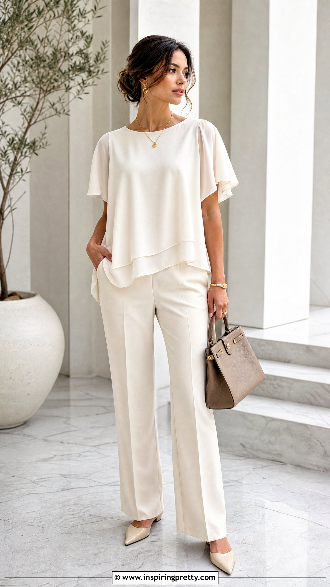 Chiffon Hem Top With Monochrome Pants - 20 chiffon hem top outfit ideas