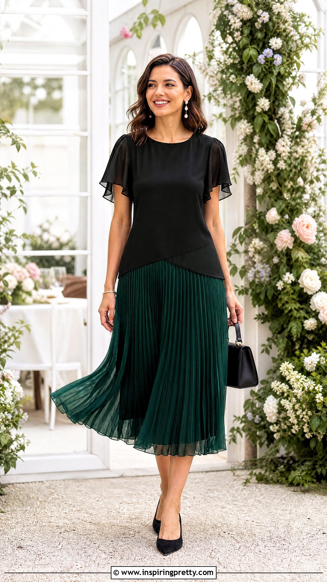 Chiffon Hem Top With Pleated Midi Skirt - 20 chiffon hem top outfit ideas
