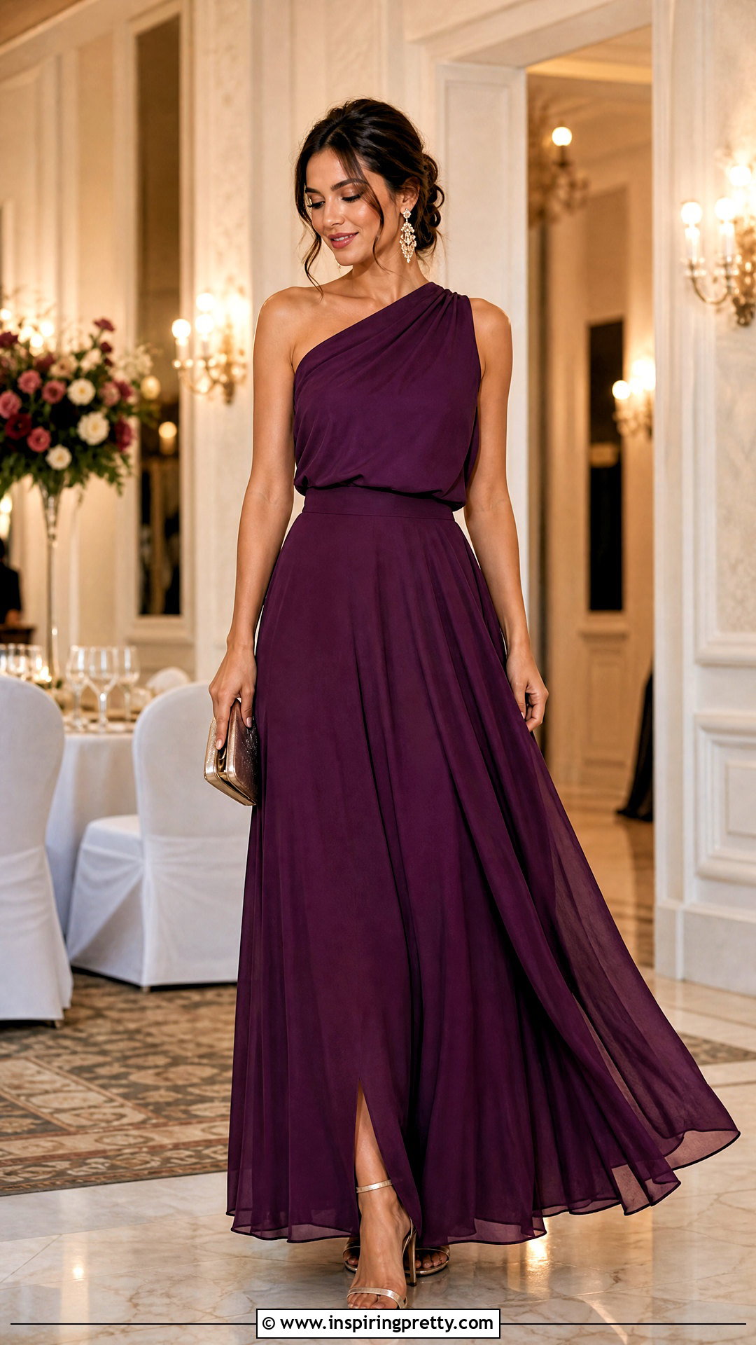 Chiffon Maxi Skirt And One Shoulder Top - 50 wedding guest skirt and top outfit ideas