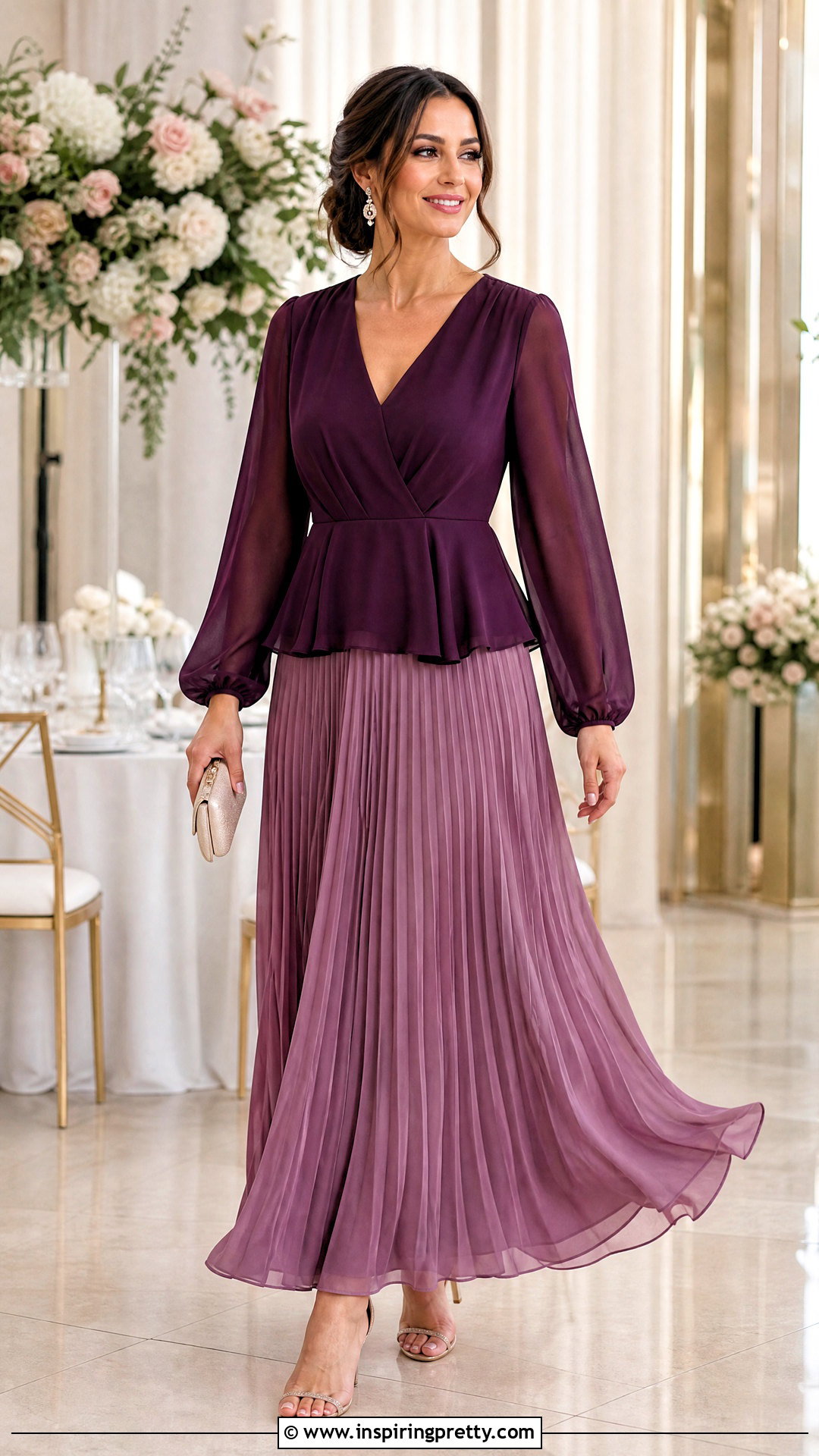 Chiffon Peplum Top With Pleated Maxi Skirt - 50 peplum top with skirt outfits