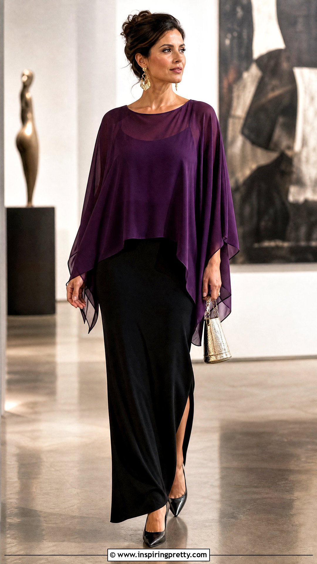 Chiffon Poncho Top With Column Skirt - 25 Chiffon Poncho Tops outfit ideas