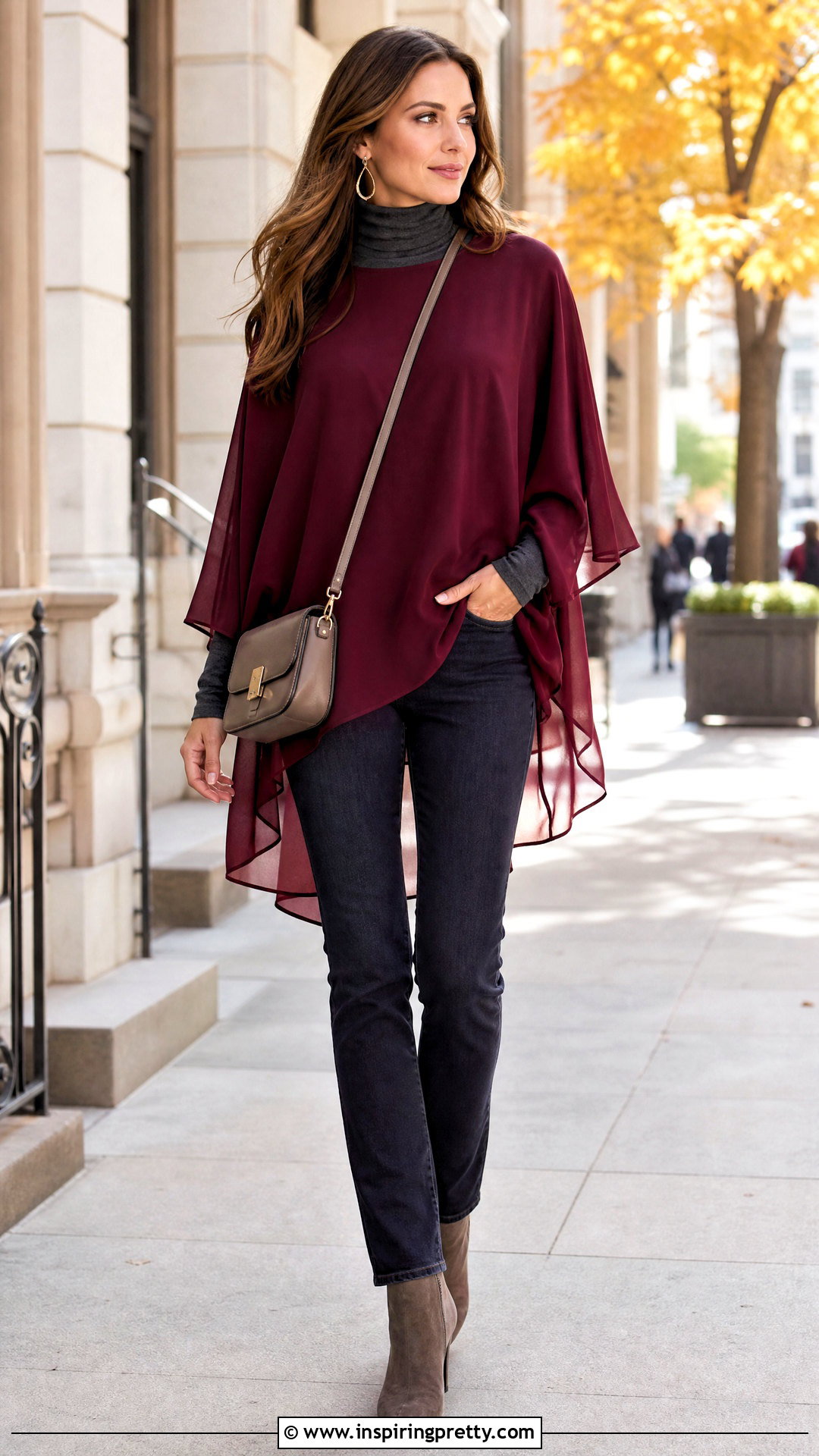 Chiffon Poncho Top With Turtleneck And Jeans - 25 Chiffon Poncho Tops outfit ideas