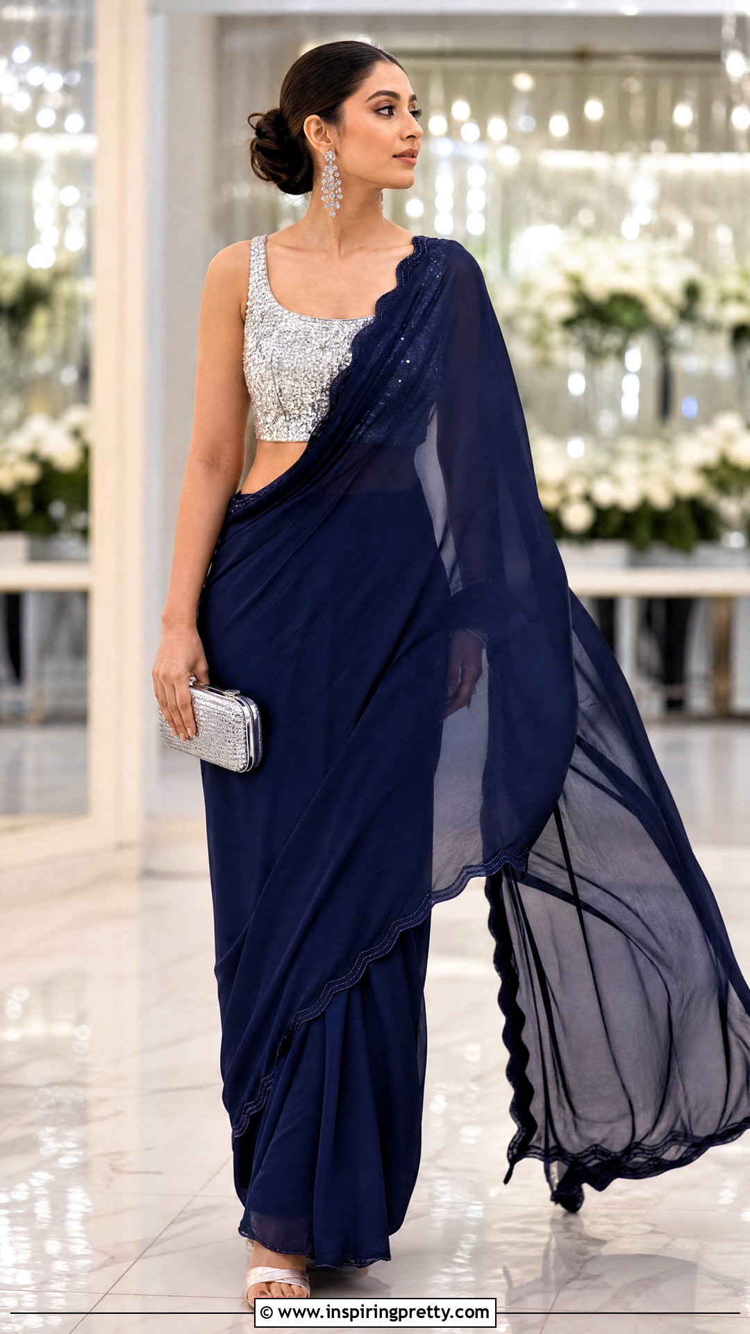 Chiffon Saree With Sequin Crop Top - 50 saree with crop top outfit ideas