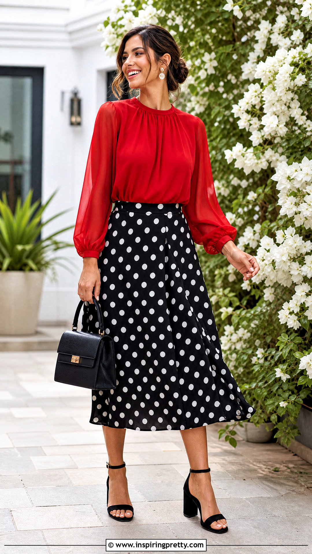 Chiffon Top With Polka Dot Skirt - 50 Chiffon Top outfit ideas