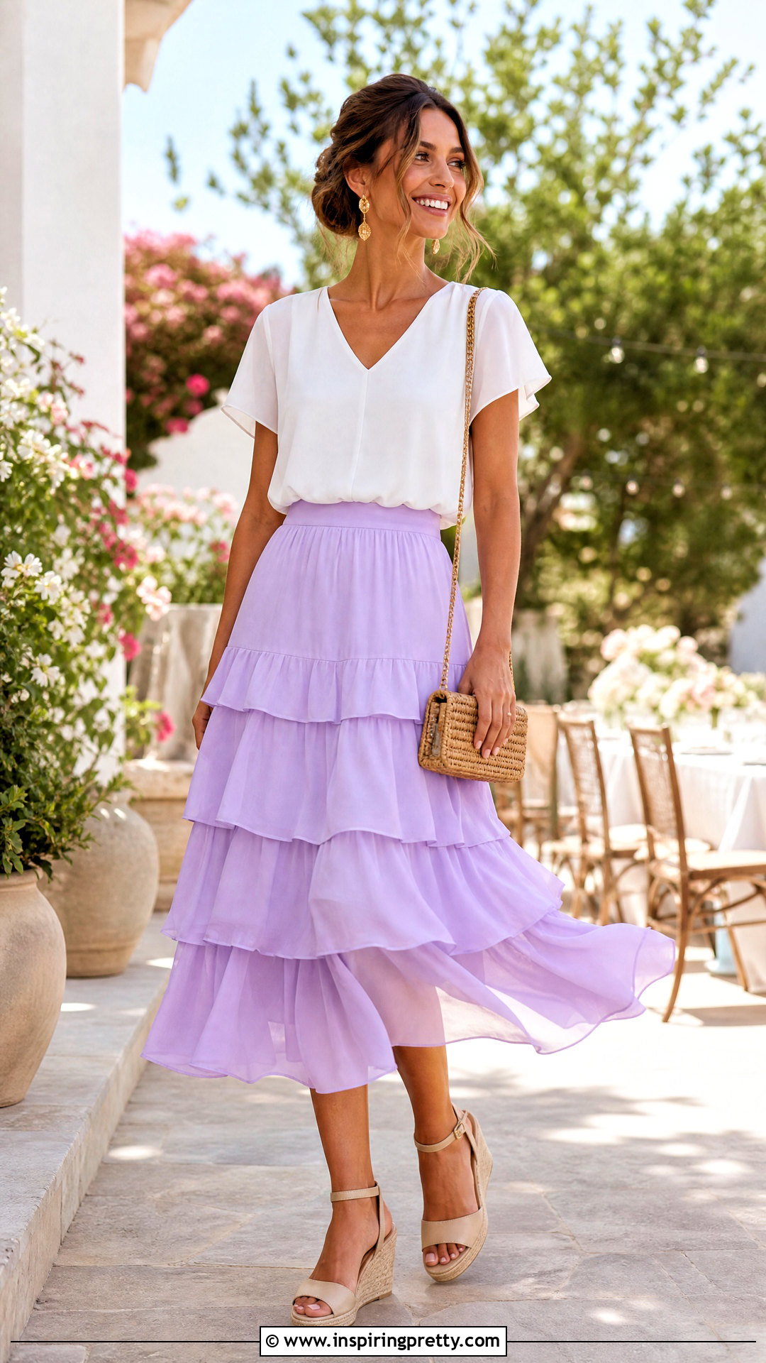 Chiffon Top With Tiered Midi Skirt - 50 Chiffon Top outfit ideas
