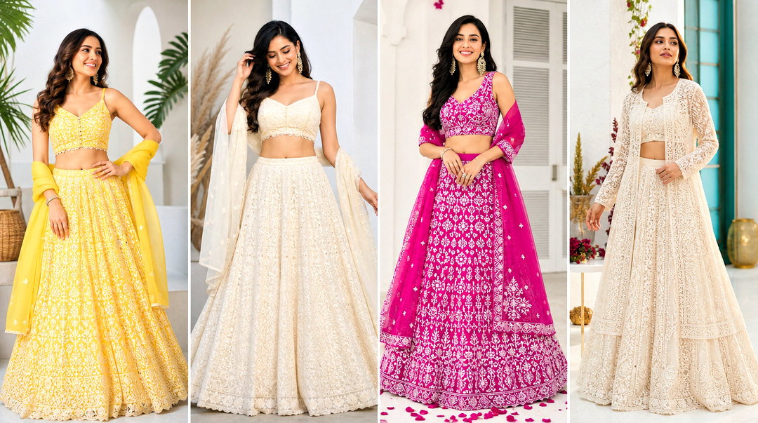 25 Chikankari Crop Top Lehenga Outfits for Wedding Guests