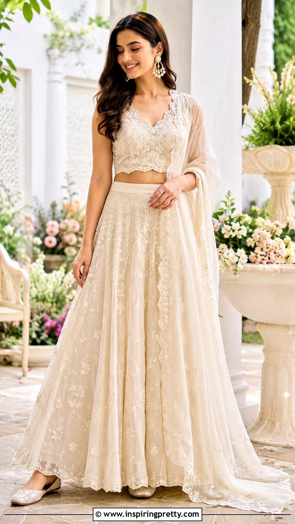 Chikankari Crop Top With Flared Lehenga - 50 traditional crop top designs