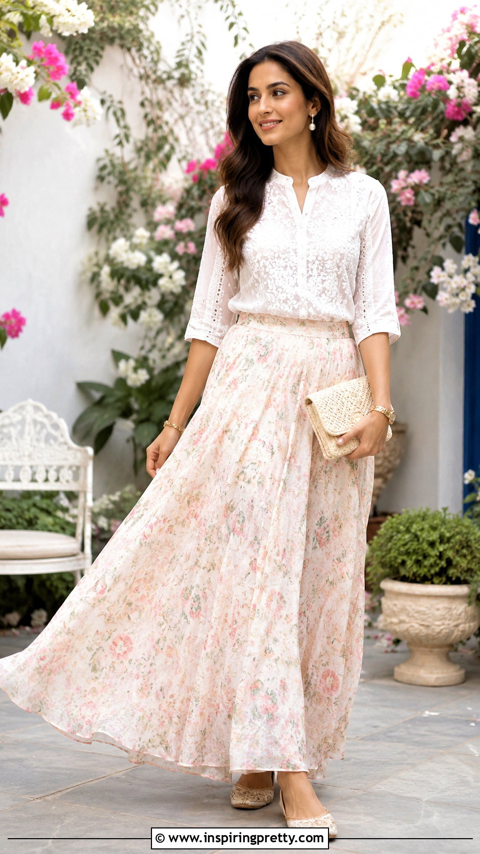 Chikankari Kurti With Printed Skirt - 50 kurti tops outfit ideas