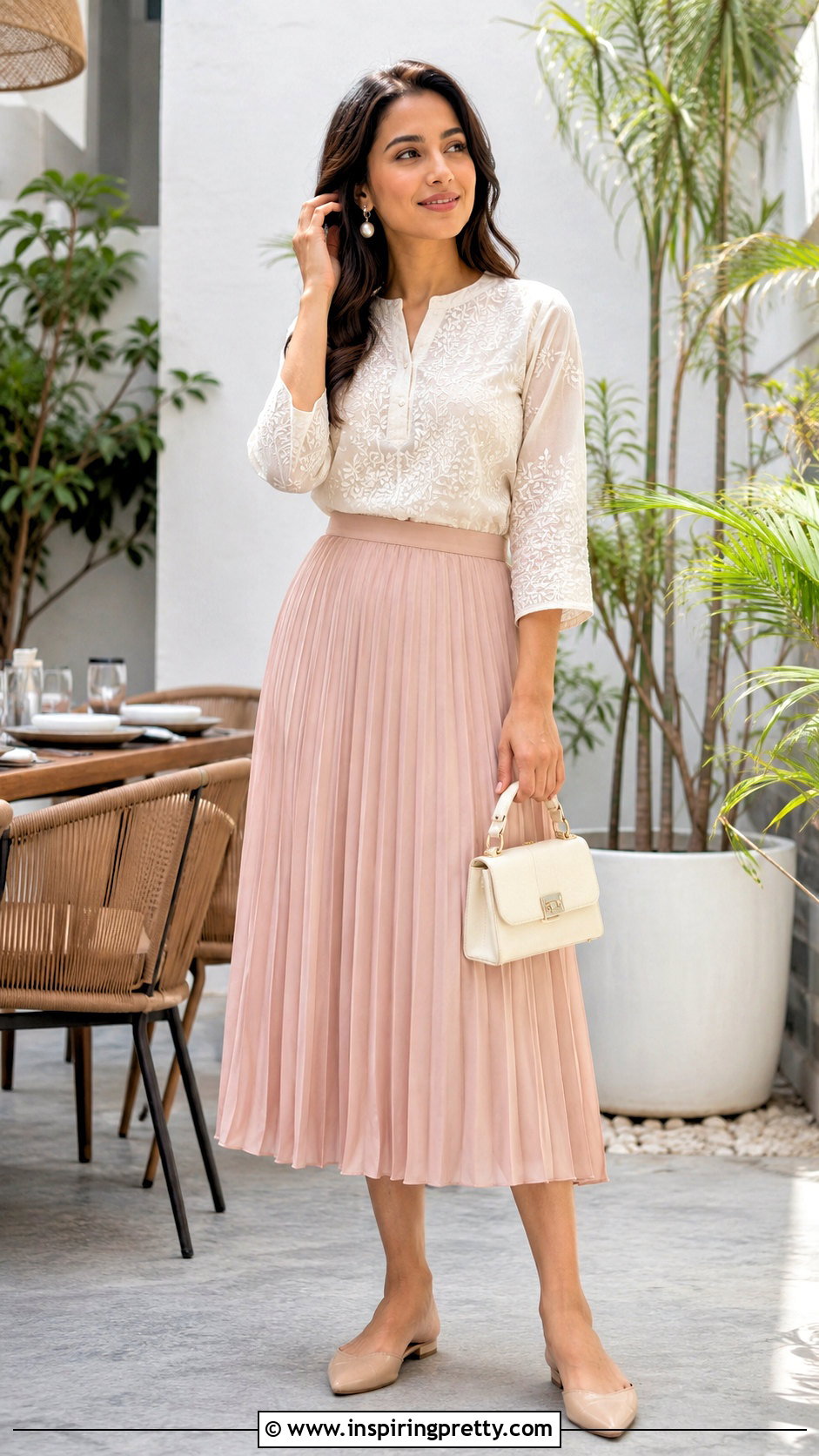 Chikankari Short Kurti With Pleated Midi Skirt - 50 short kurti top outfit ideas