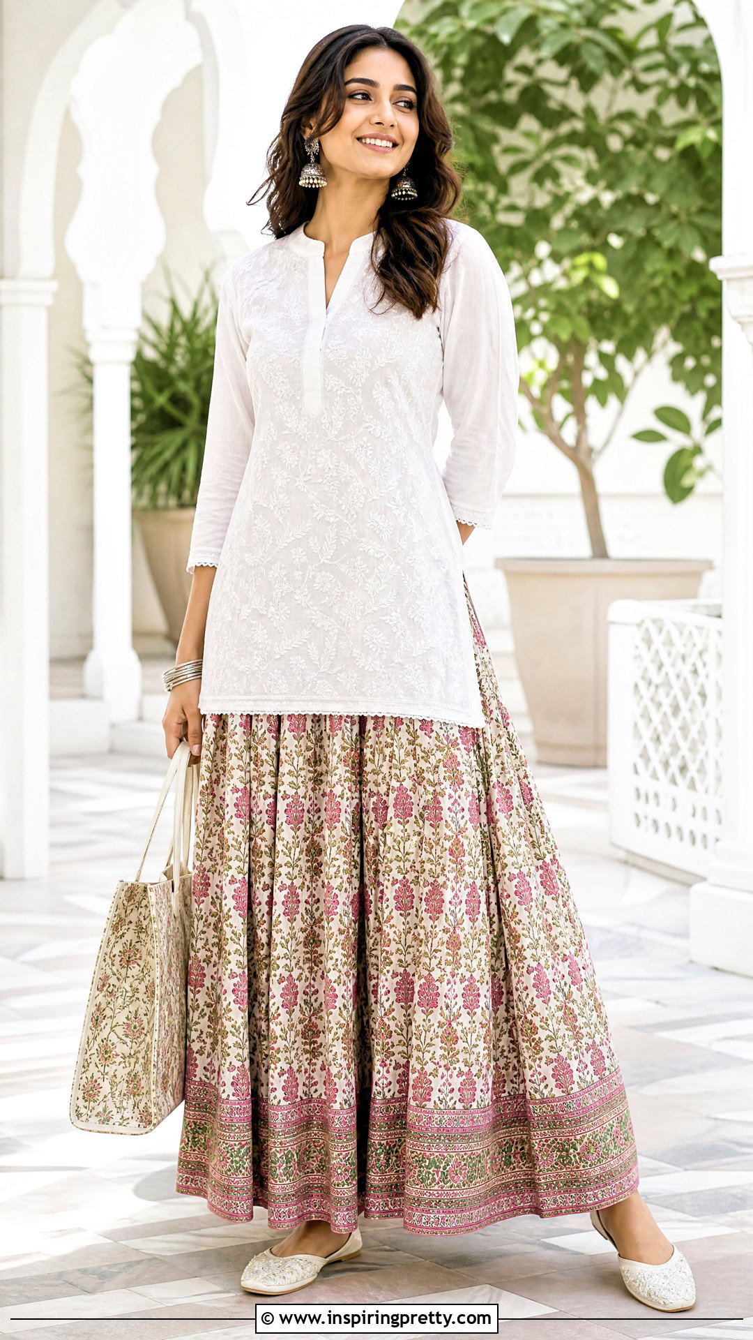 Chikankari Top With Printed Indian Skirt - 50 skirt top indian outfit traditional ideas