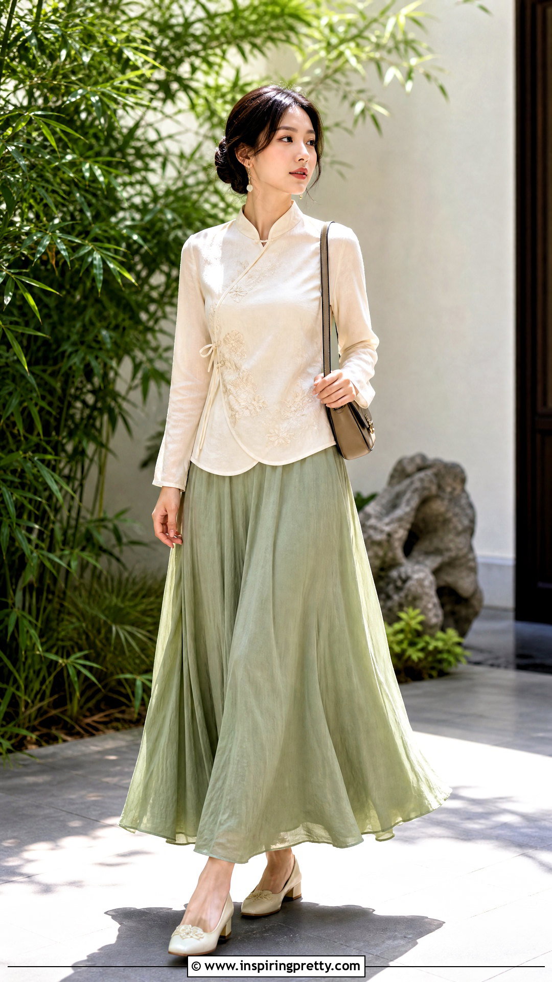 Chinese Wrap Blouse With Maxi Skirt - 50 chinese top outfit ideas