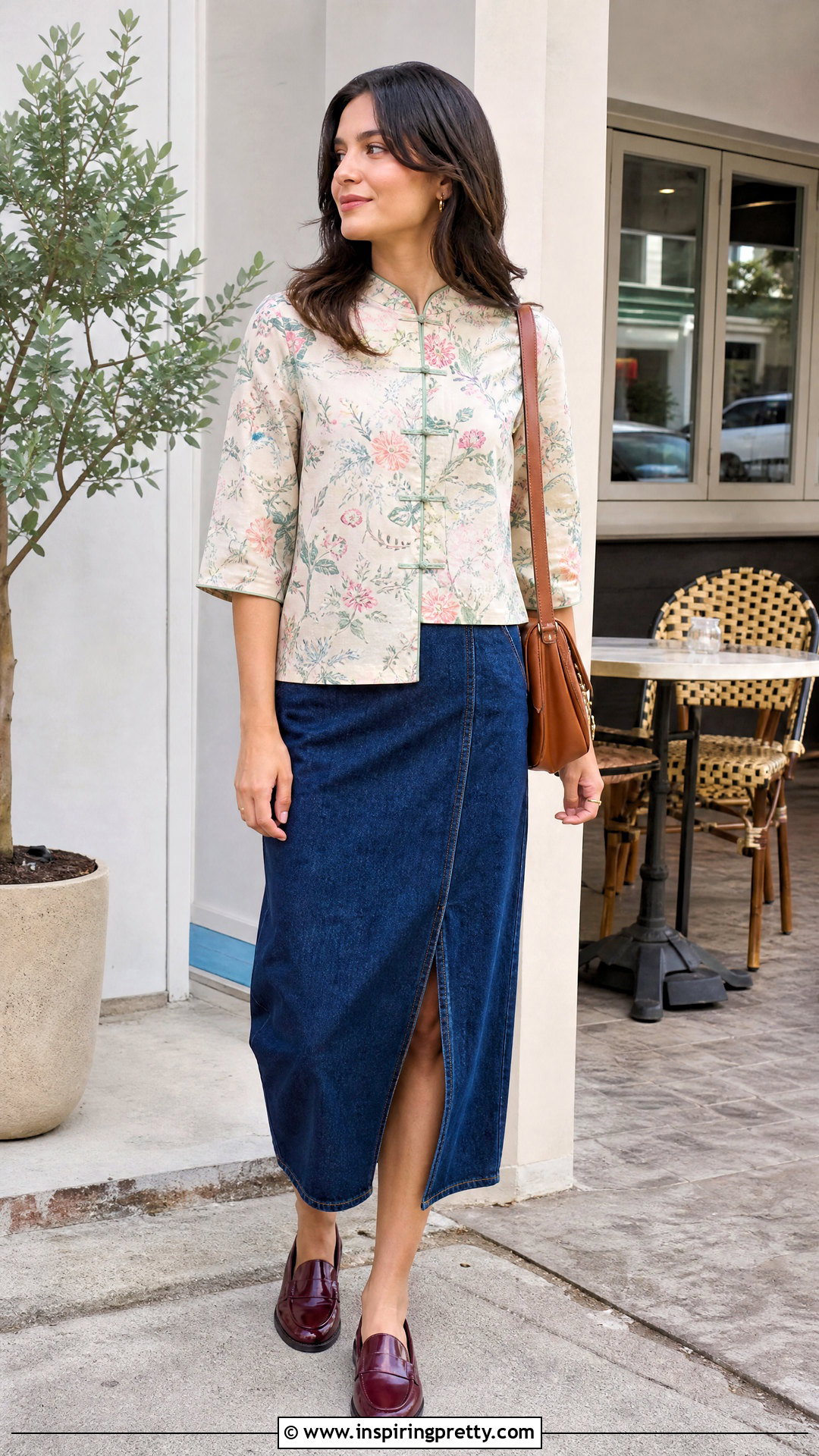 Chinoiserie Top With Denim Midi Skirt - 25 chinoiserie top outfit ideas