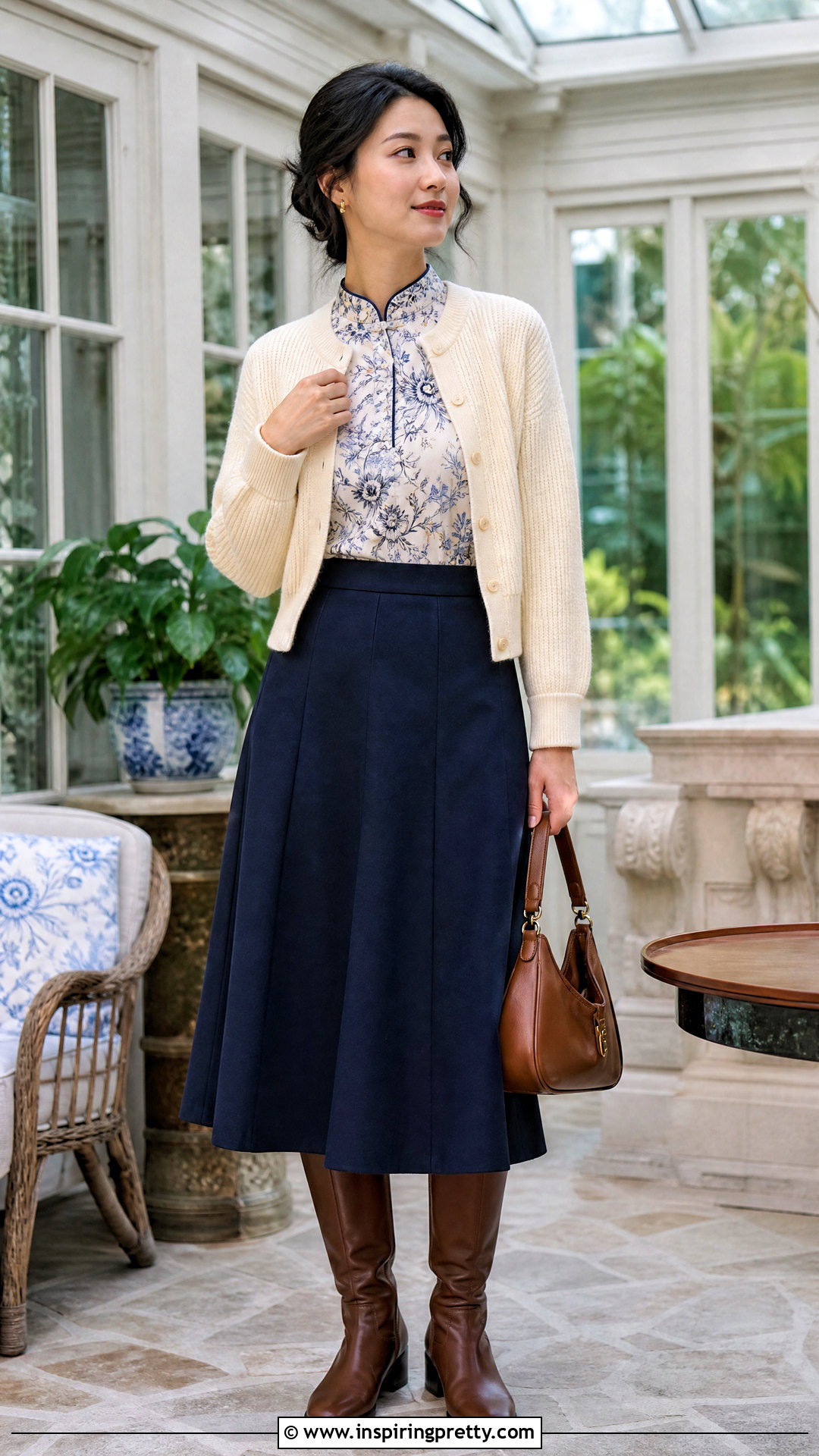 Chinoiserie Top With Knit Cardigan And Midi Skirt - 25 chinoiserie top outfit ideas