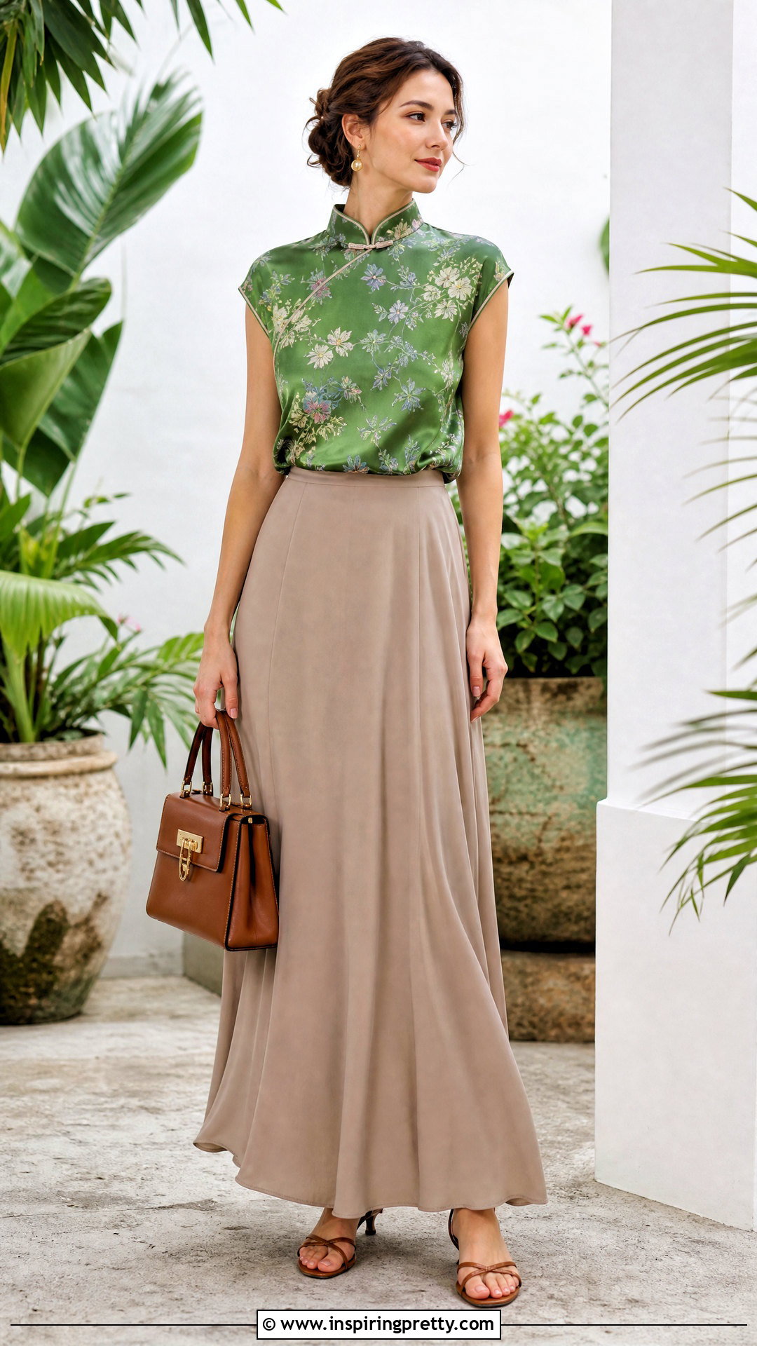 Chinoiserie Top With Neutral Maxi Skirt - 25 chinoiserie top outfit ideas