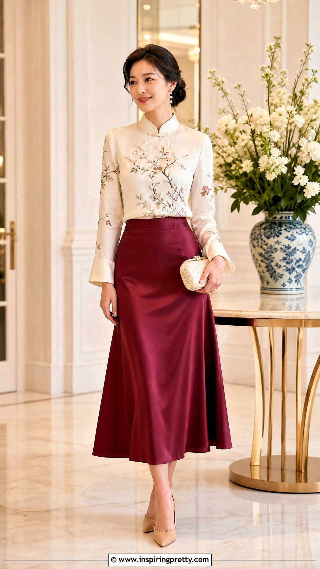 Chinoiserie Top With Satin Midi Skirt - 25 chinoiserie top outfit ideas