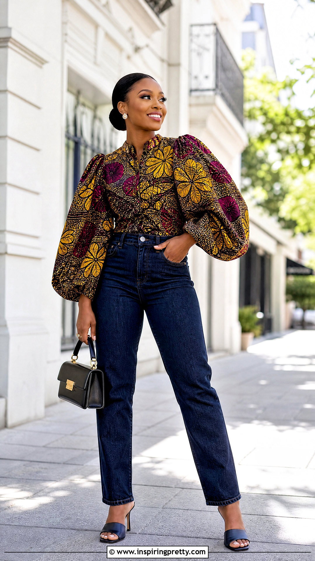 Chitenge Balloon Sleeve Top With Straight Jeans - 50 chitenge tops for ladies