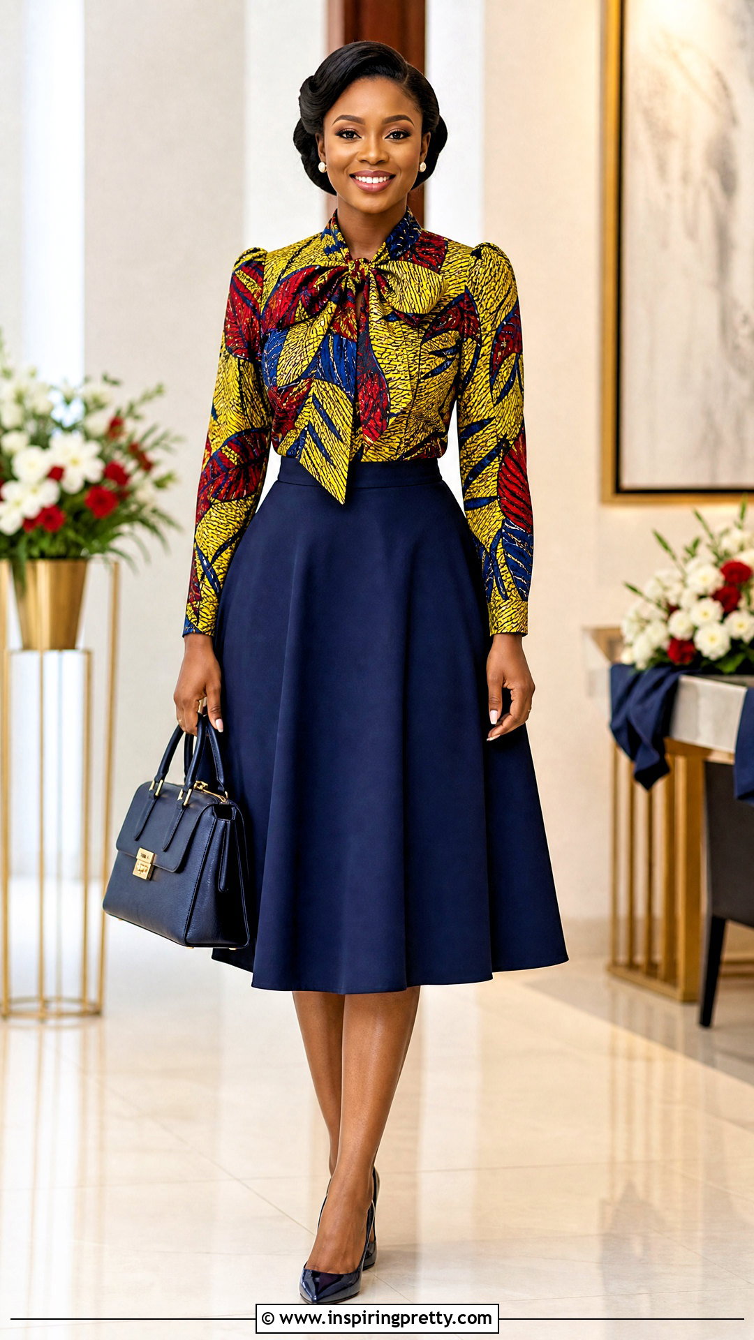 Chitenge Bow Neck Top With A Line Skirt - 50 chitenge tops for ladies