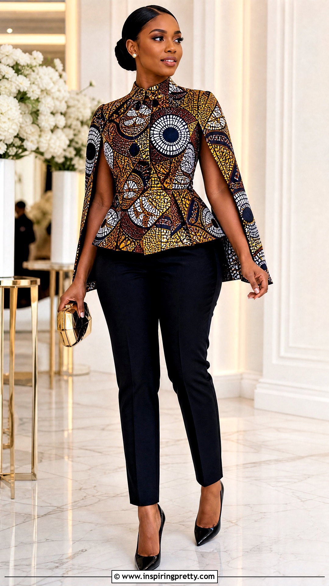 Chitenge Cape Top With Cigarette Trousers - 50 chitenge tops for ladies
