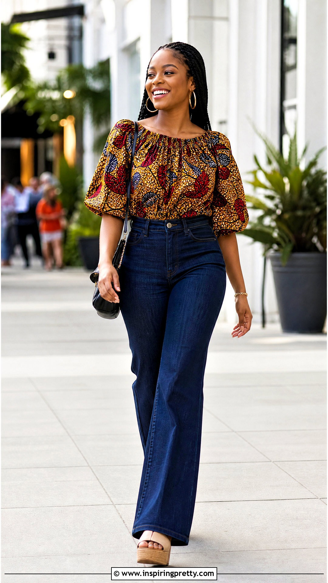 Chitenge Gathered Top With Wide Leg Jeans - 50 chitenge tops for ladies
