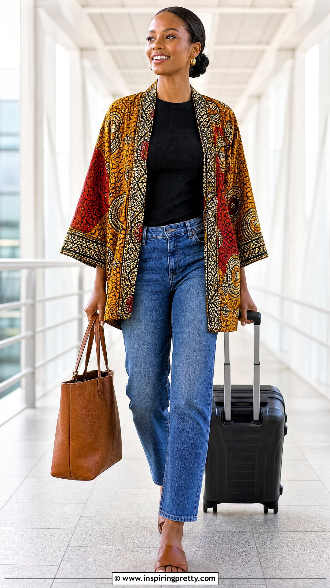 Chitenge Kimono Top With Black Camisole And Jeans - 50 chitenge tops for ladies