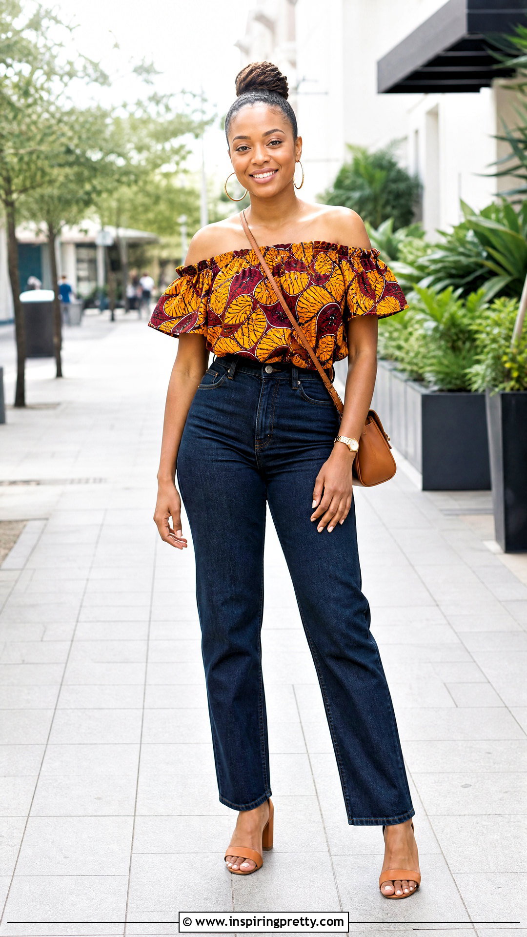 Chitenge Off Shoulder Top With High Waisted Jeans - 50 chitenge tops for ladies
