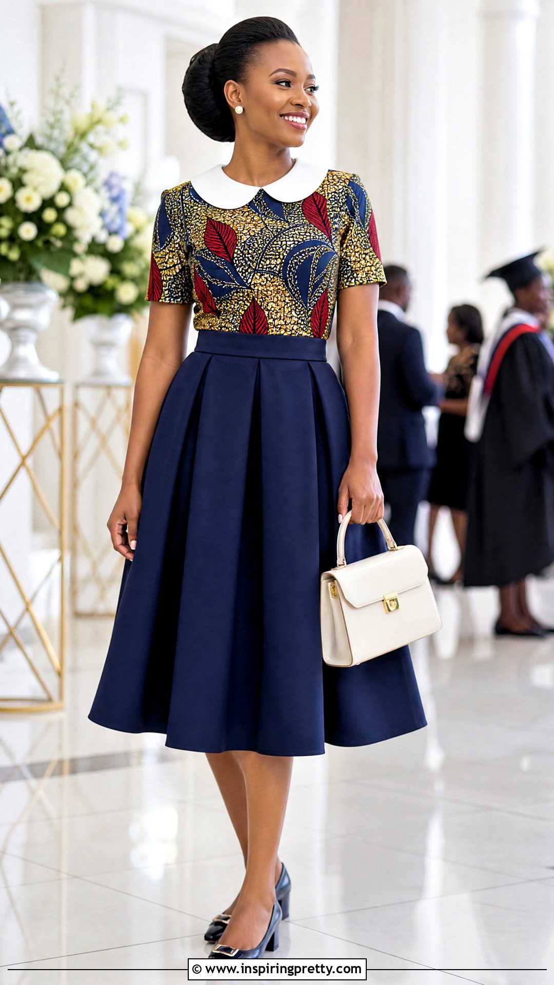 Chitenge Peter Pan Collar Top With Midi Skirt - 50 chitenge tops for ladies