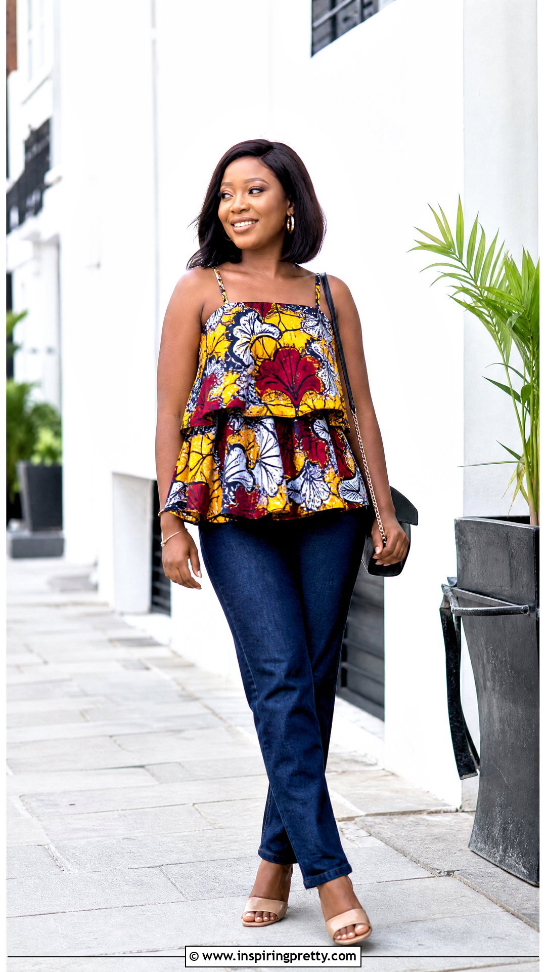 Chitenge Tiered Top With Fitted Jeans - 50 chitenge tops for ladies
