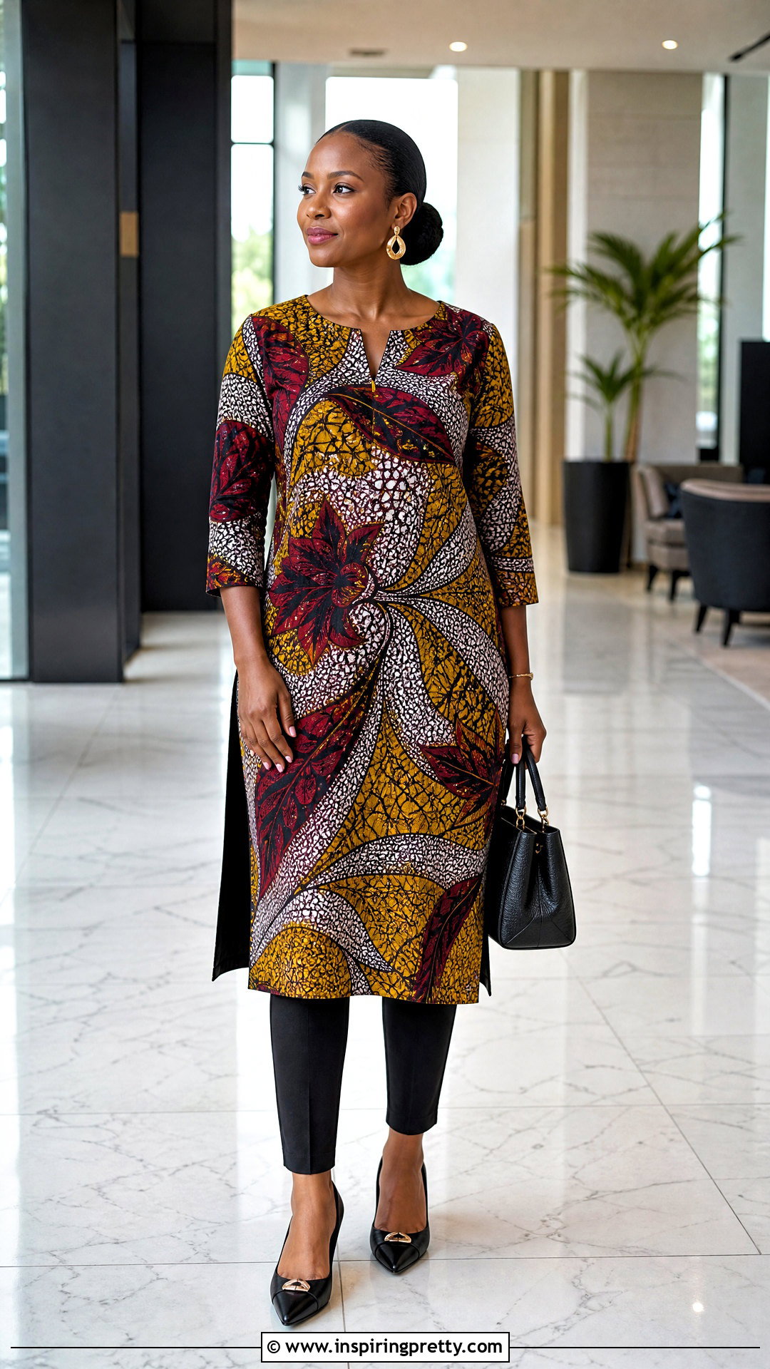 Chitenge Tunic Top With Slim Black Pants - 50 chitenge tops for ladies