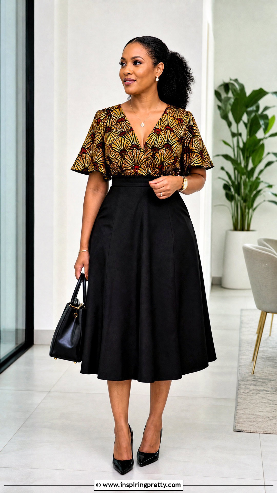 Chitenge V Neck Top With Black Midi Skirt - 50 chitenge tops for ladies