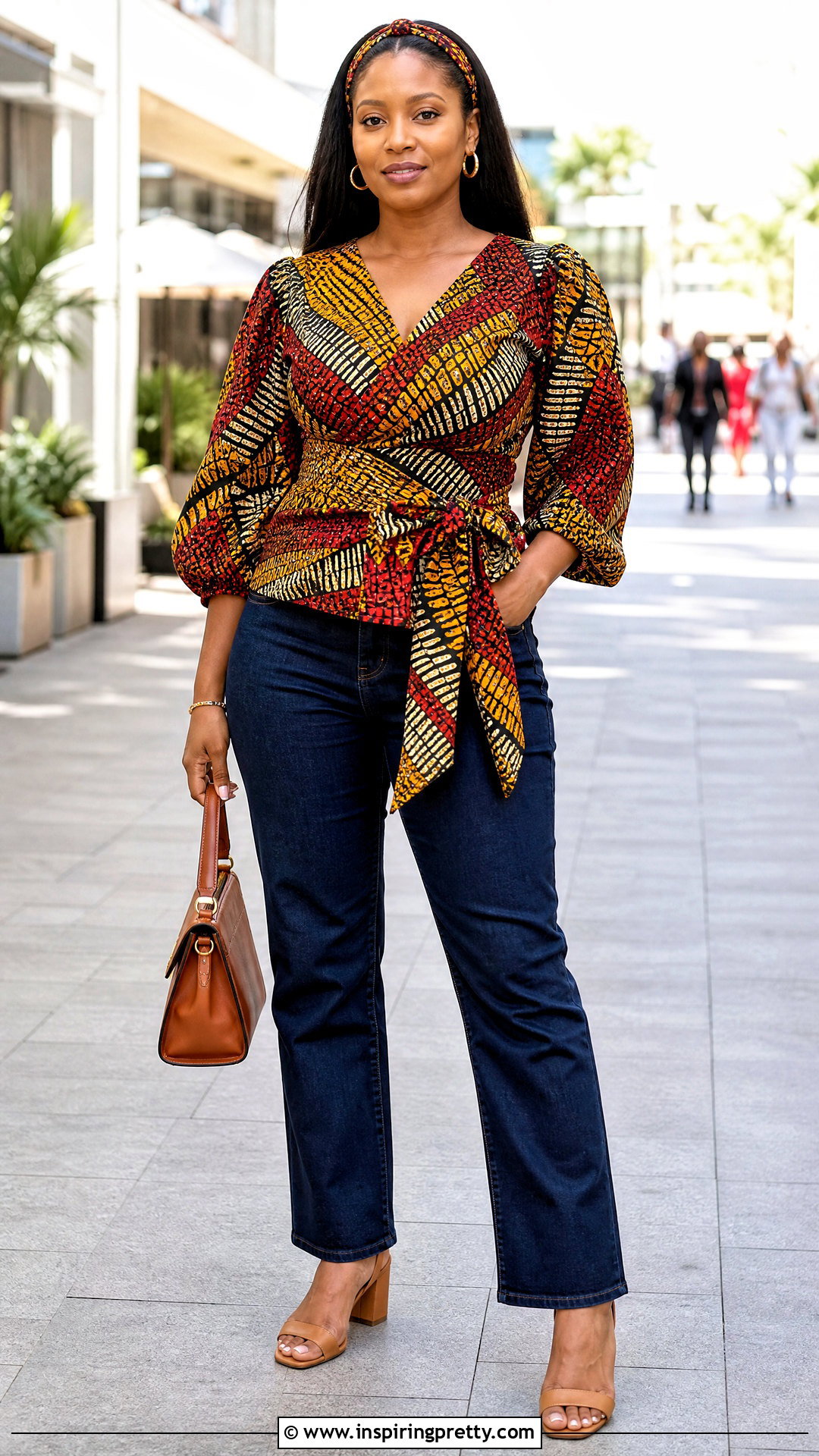 Chitenge Wrap Blouse With Matching Headband And Jeans - 50 chitenge tops for ladies