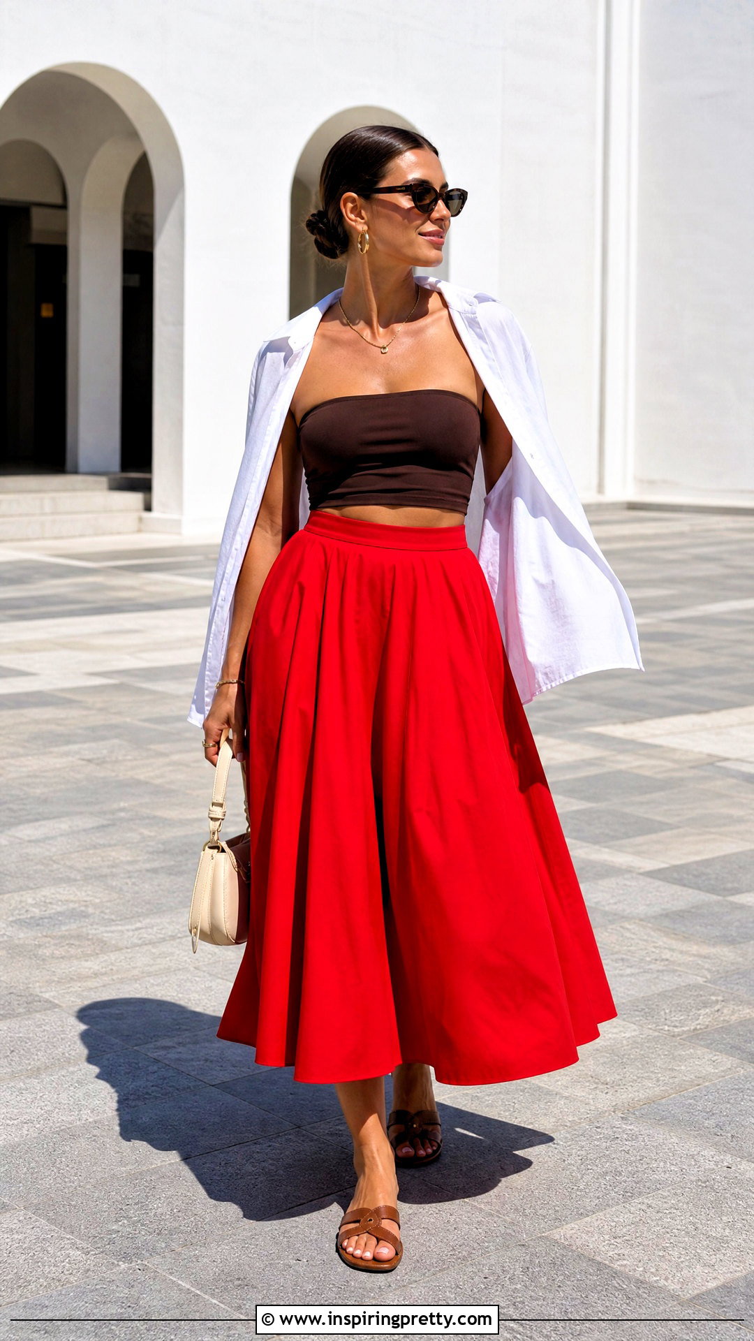 Chocolate Brown Bandeau Top With Red Poplin Skirt - 20 Chocolate Brown Summer Top outfit ideas