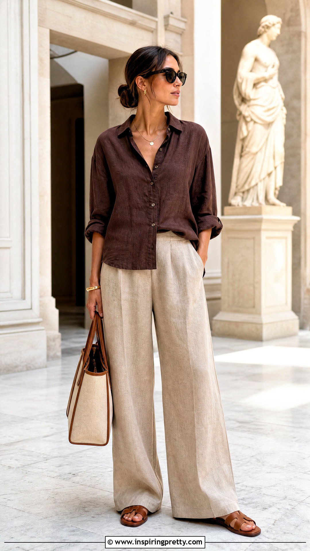 Chocolate Brown Linen Shirt With Beige Wide Leg Pants - 20 Chocolate Brown Summer Top outfit ideas