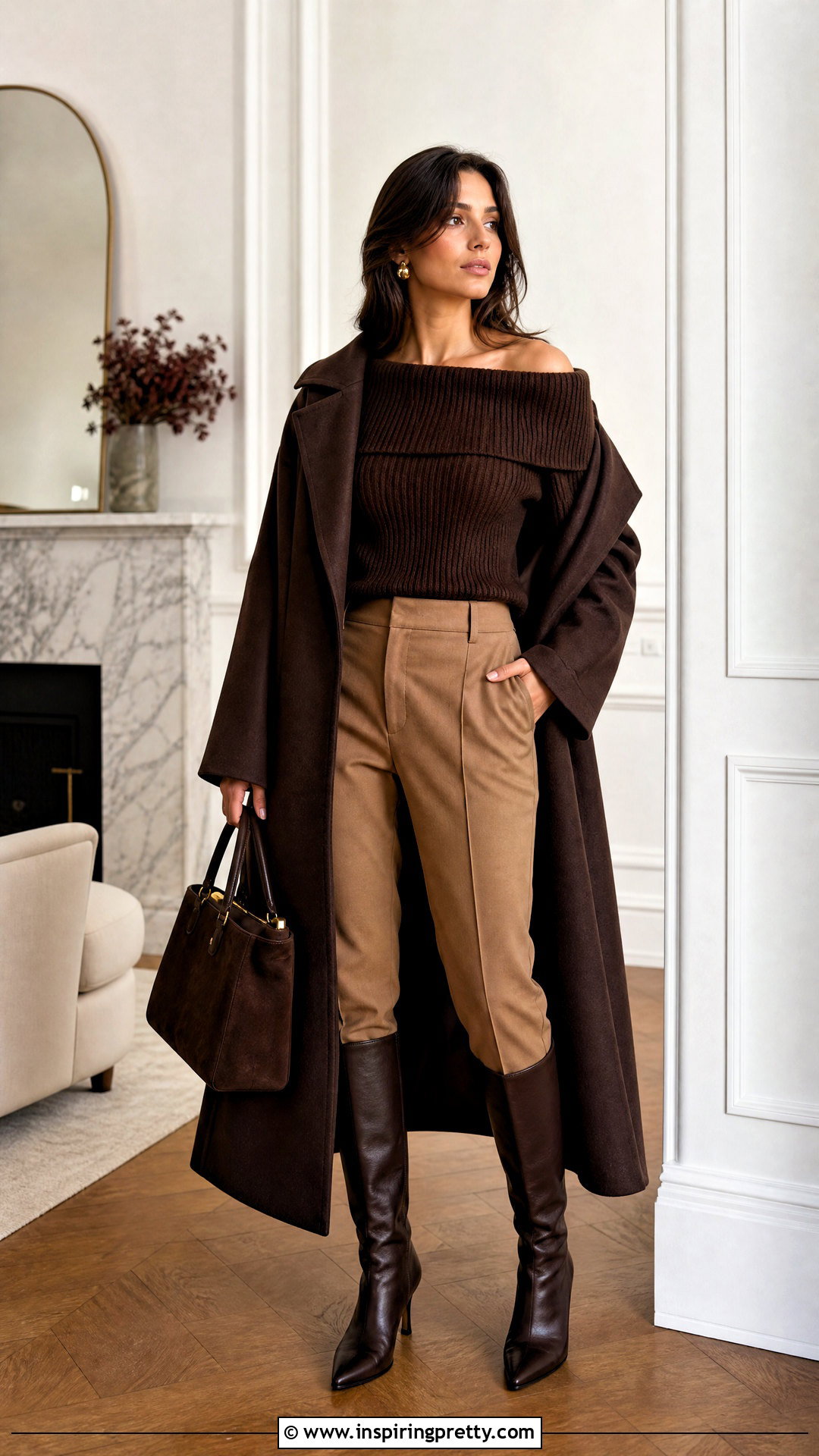 Chocolate Brown Off Shoulder Sweater Outfit - 50 winter tops aesthetics