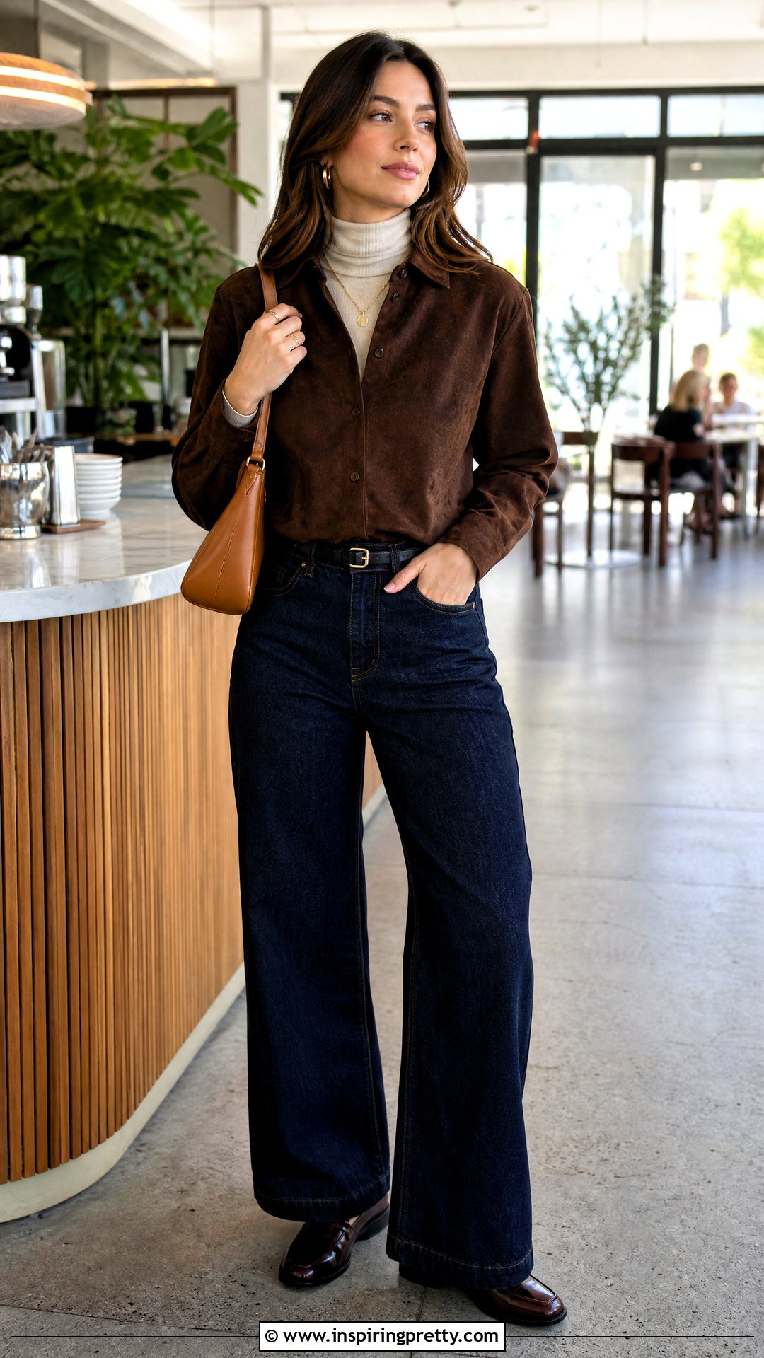 Chocolate Brown Suede Shirt With Wide Leg Jeans - 20 tops for fall 2024 ideas