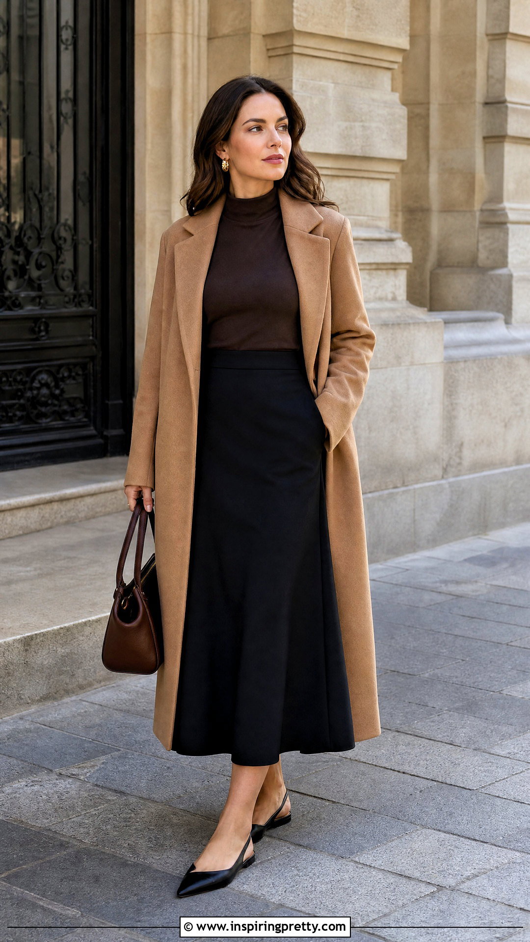Chocolate Brown Top With Black Midi Skirt - 50 chocolate brown top outfit ideas