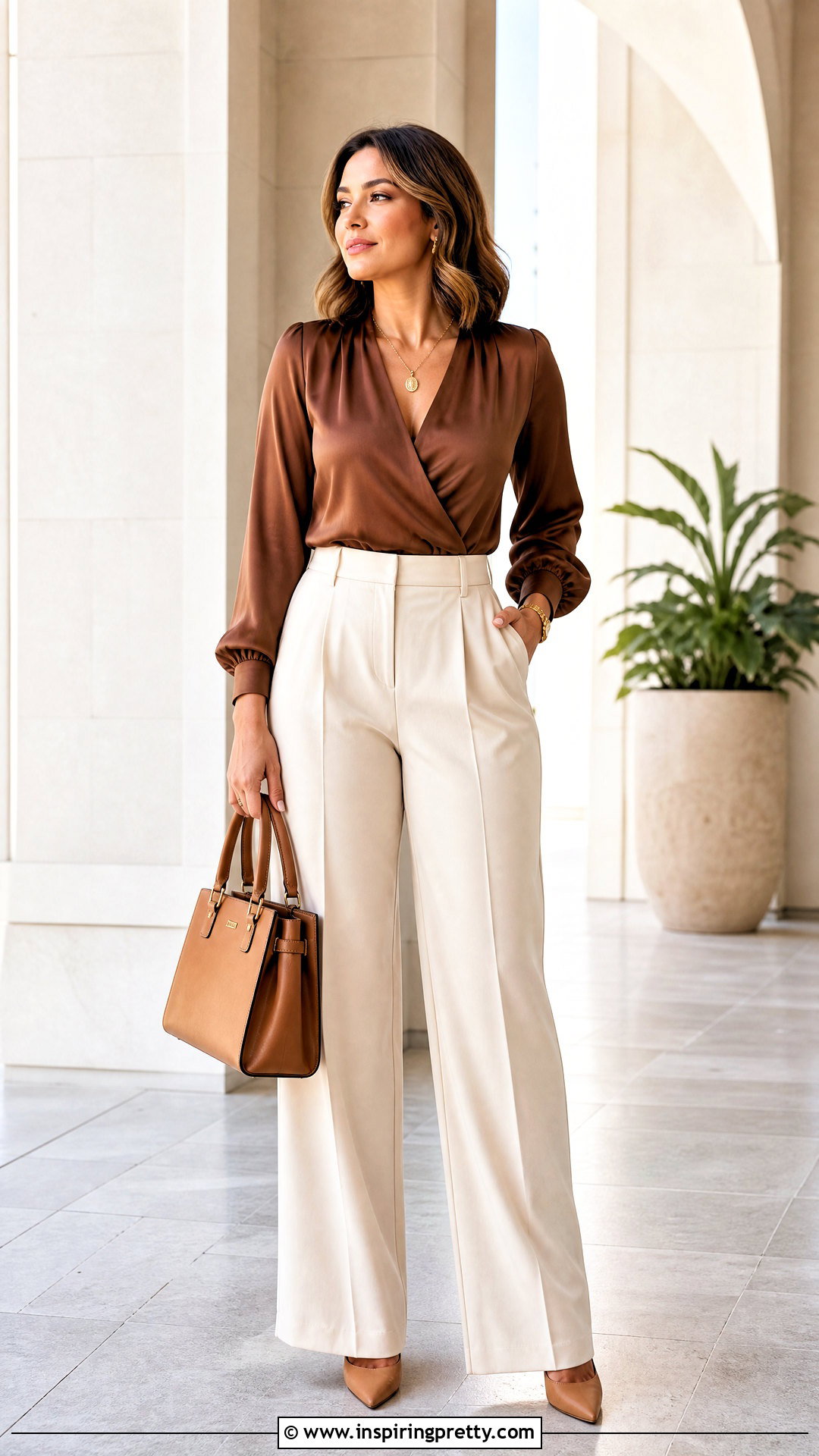 Chocolate Brown Top With Cream Trousers - 50 chocolate brown top outfit ideas