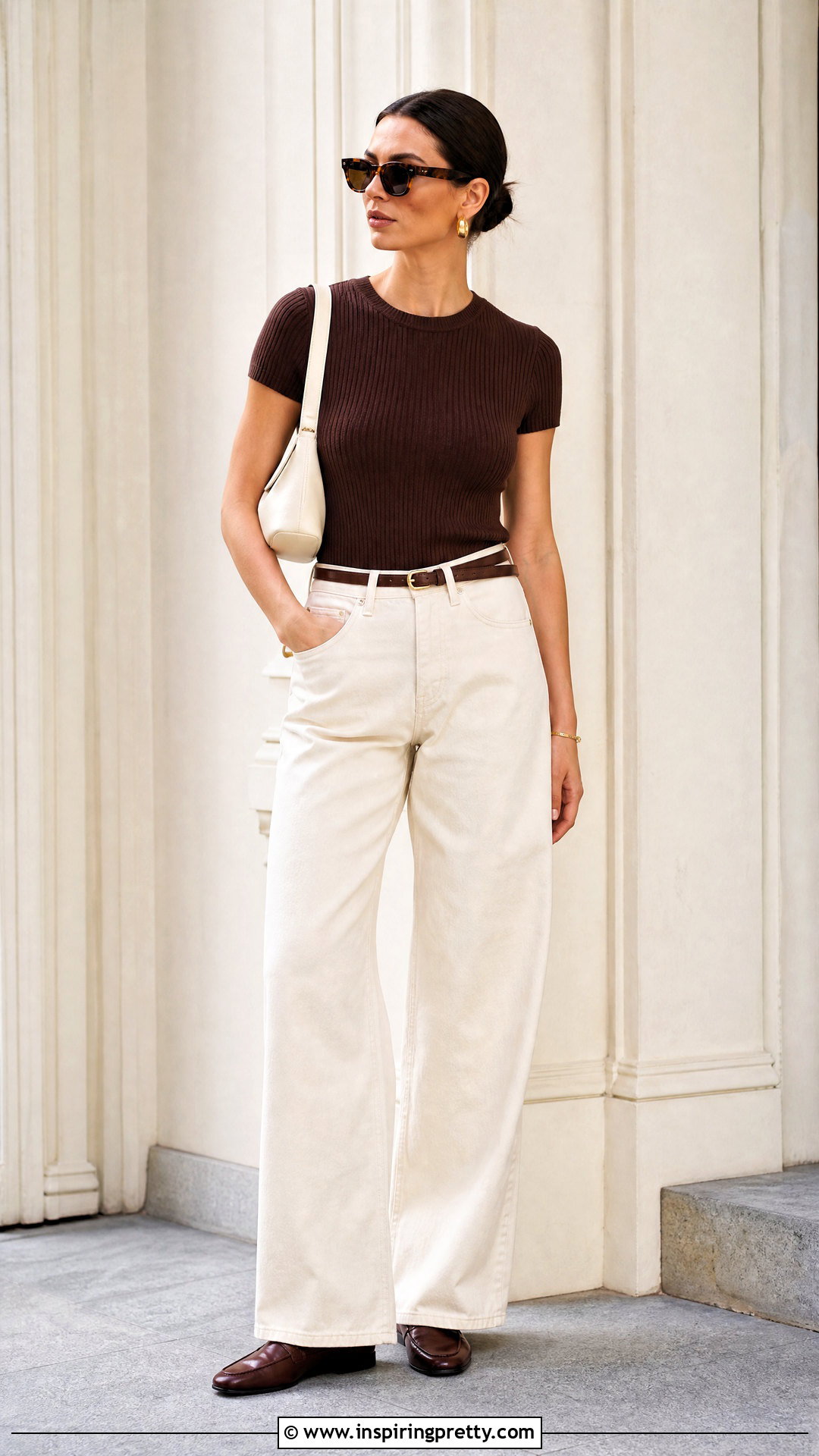 Chocolate Brown Top With Ecru Jeans - 50 trendy jeans top outfit ideas